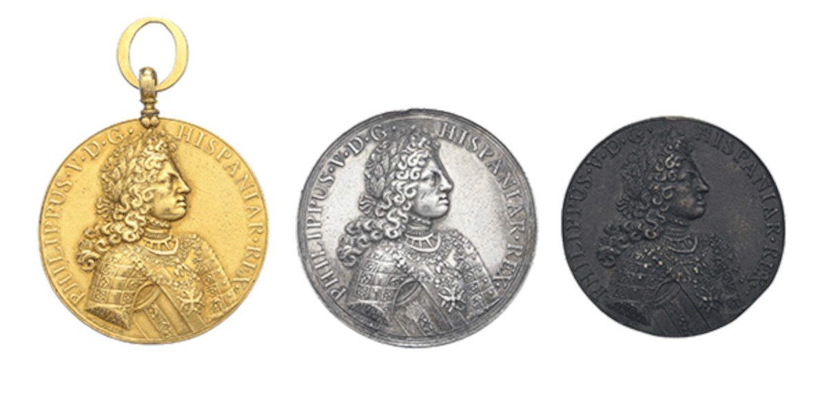 Lotto 1023:&nbsp;Regno di Spagna, Filippo V (1724&ndash;1746) e Maria Luisa Gabriella di Savoia (1688&ndash;1714), rara e importante medaglia onorifica in oro, argento e bronzo. Stima CHF 6.000&ndash;8.000 (circa 6.430&ndash;8.570 &euro;) Foto: &copy;Maison Piguet
