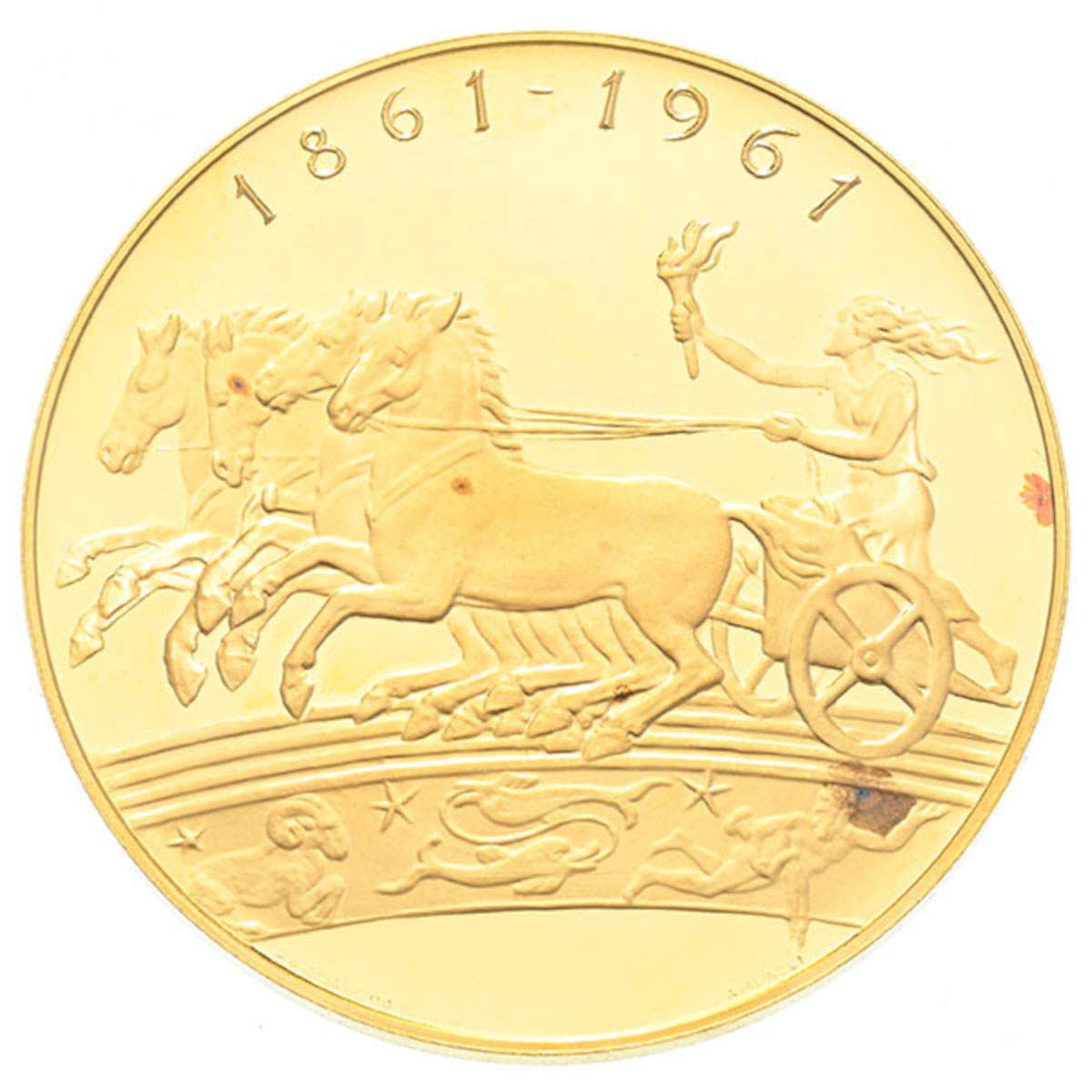 Lotto 1100:&nbsp;Casa Savoia, Centenario dell&rsquo;Unit&agrave; d&rsquo;Italia &ndash; Gli artigiani, medaglia commemorativa in oro 900. Stima CHF 7.000&ndash;9.000 (circa 7.500&ndash;9.640 &euro;) Foto: &copy;Maison Piguet