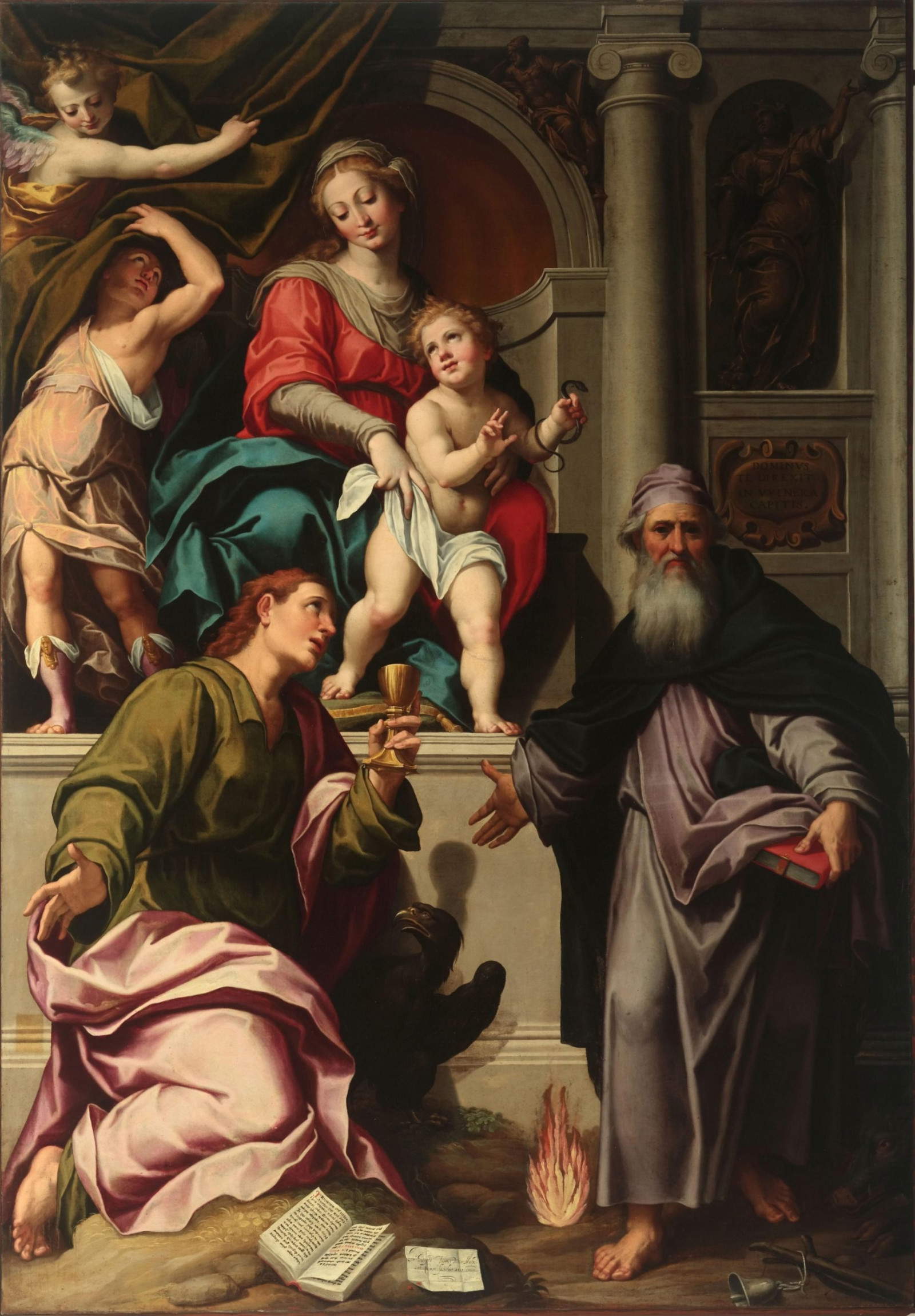 Giovan Battista Trotti, conocido como Malosso, Virgen con el Niño y los santos Antonio Abad y Juan Evangelista