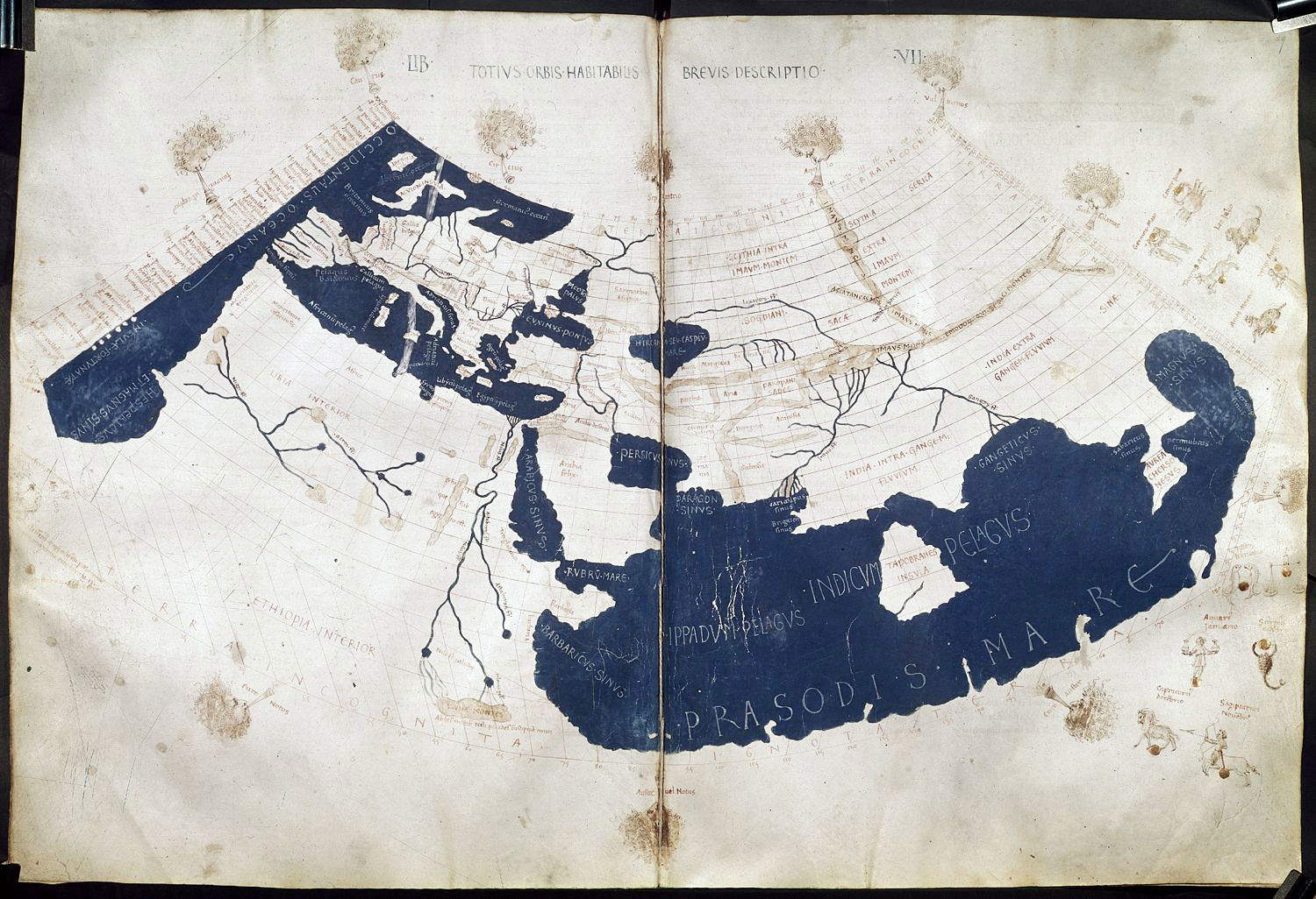 Map of the world made in the mid-15th century, based on the manuscripts of Ptolemy's Geography. It represents the first Ptolemaic projection, called a modified conic.