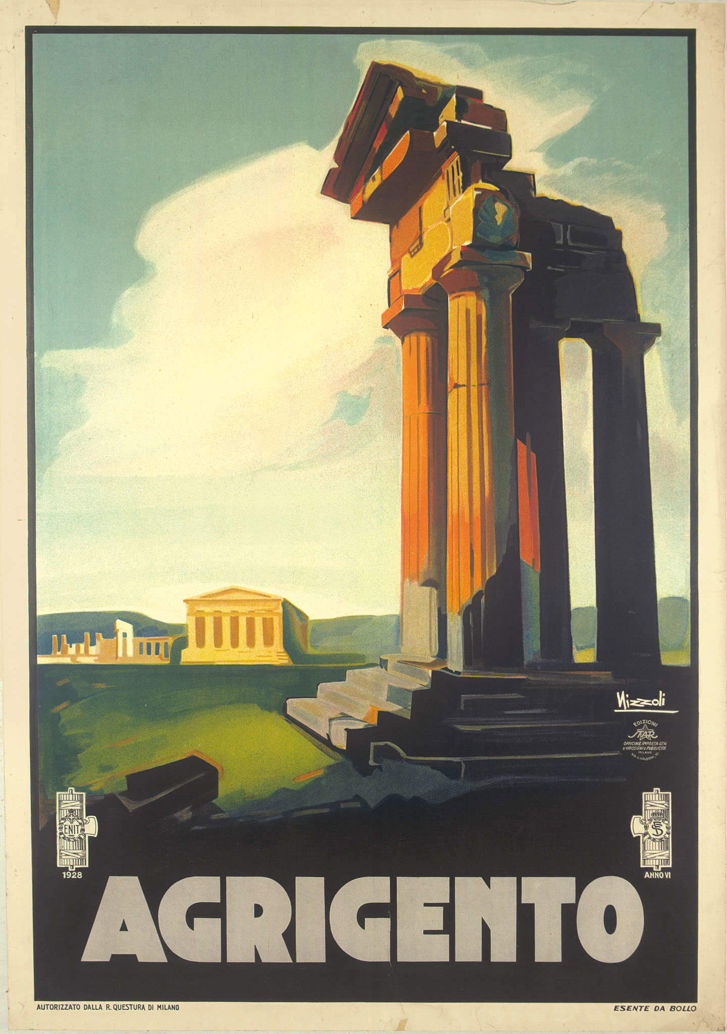Marcello Nizzoli, Agrigento (1928; Edizioni STAR - Officine Impresa Gen. d'Affissioni e Pubblicità, Milán - ENIT, litografía en color sobre papel, 100x70 cm; Treviso, Museo nazionale Collezione Salce, inv. 03581) Marcello Nizzoli, Agrigento (1928; Edizioni STAR - Officine Impresa Gen. d'Affissioni e Pubblicità, Milán - ENIT, litografía en color sobre papel, 100x70 cm; Treviso, Museo nazionale Collezione Salce, inv. 03581)