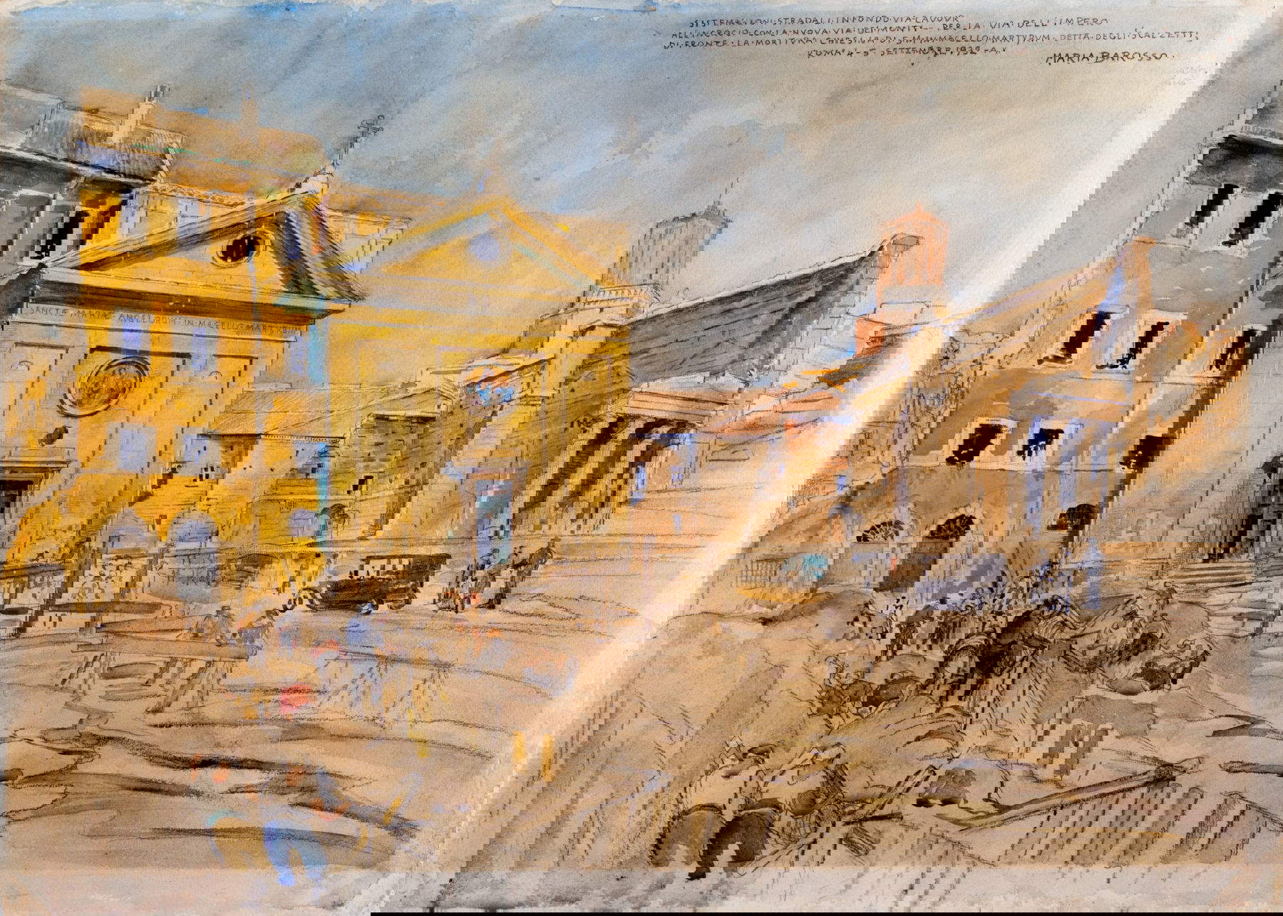 Maria Barosso, Sistemazioni stradali in fondo a via Cavour e facciata di Santa Maria in Macello Martyrum (1932; matita e acquerello su carta; Roma, Museo di Roma) Foto: Alfredo Valeriani