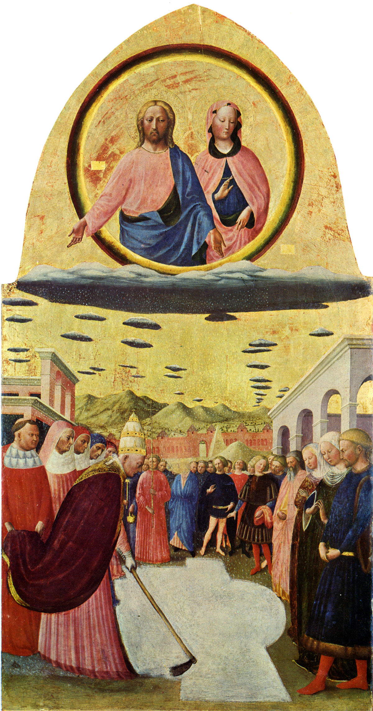 Masolino da Panicale, Fundación de la iglesia de Santa Maria Maggiore (1423; temple sobre tabla, 144 x 76 cm; Nápoles, Museo Nazionale di Capodimonte)