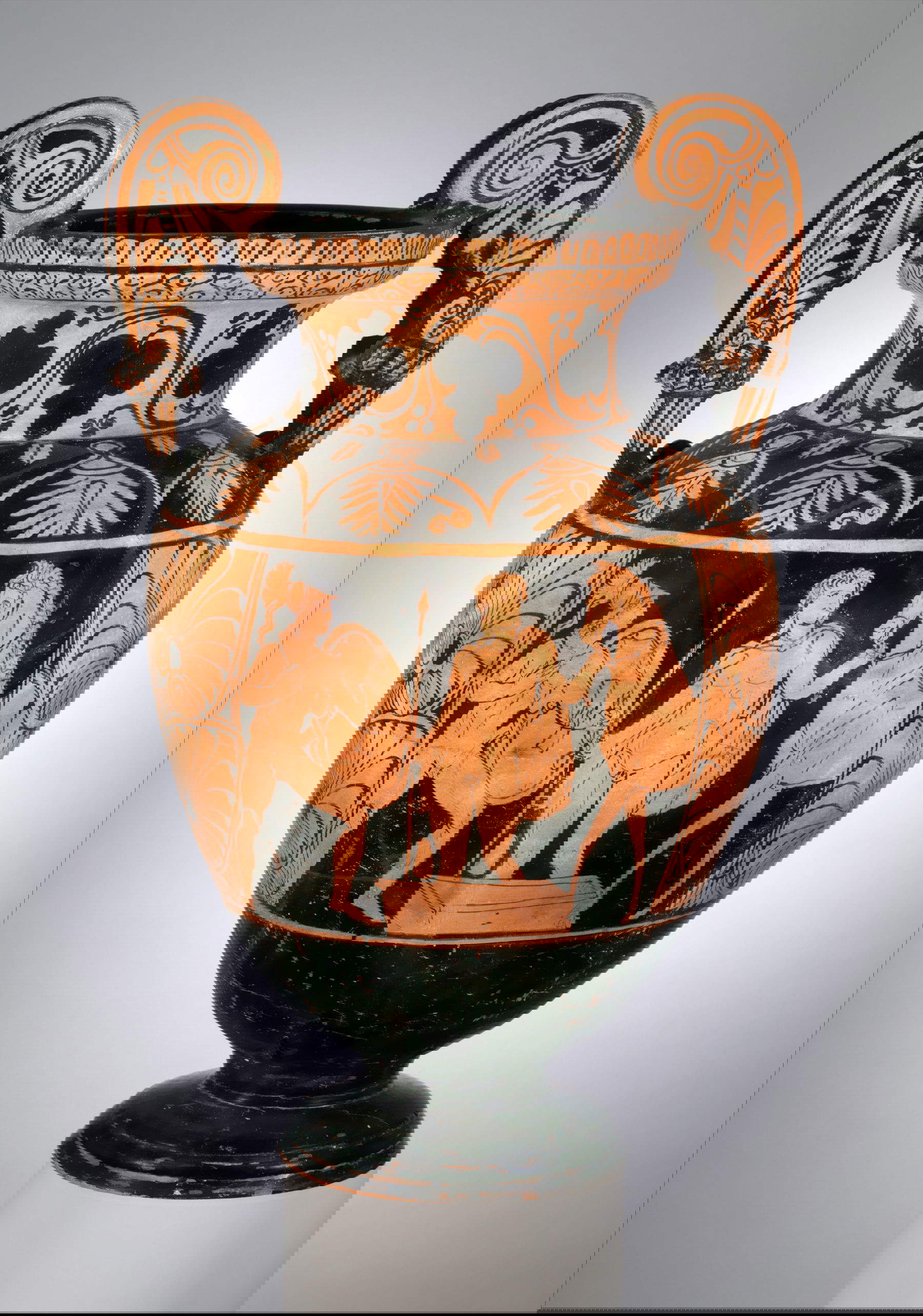 Cratere etrusco a volute in terracotta per mescolare vino e acqua (340-300 a.C. circa; terracotta, 48,3 cm; New York, Metropolitan Museum of Art)