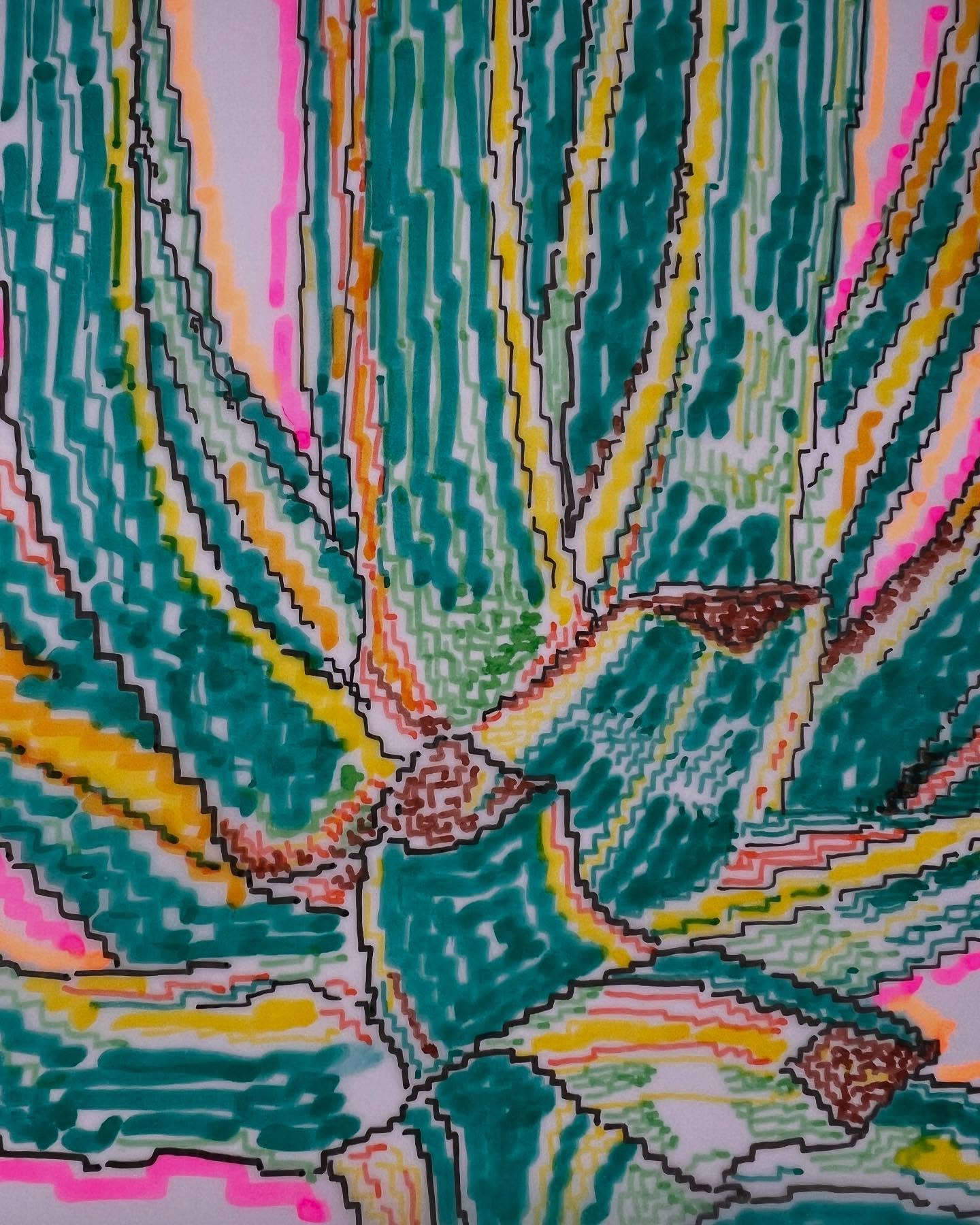 Michele Chiossi, L’agave sullo scoglio (2025; pennarelli, inchiostri, evidenziatore su carta, 297 x 420 mm) Michele Chiossi, L’agave sullo scoglio (2025; pennarelli, inchiostri, evidenziatore su carta, 297 x 420 mm)