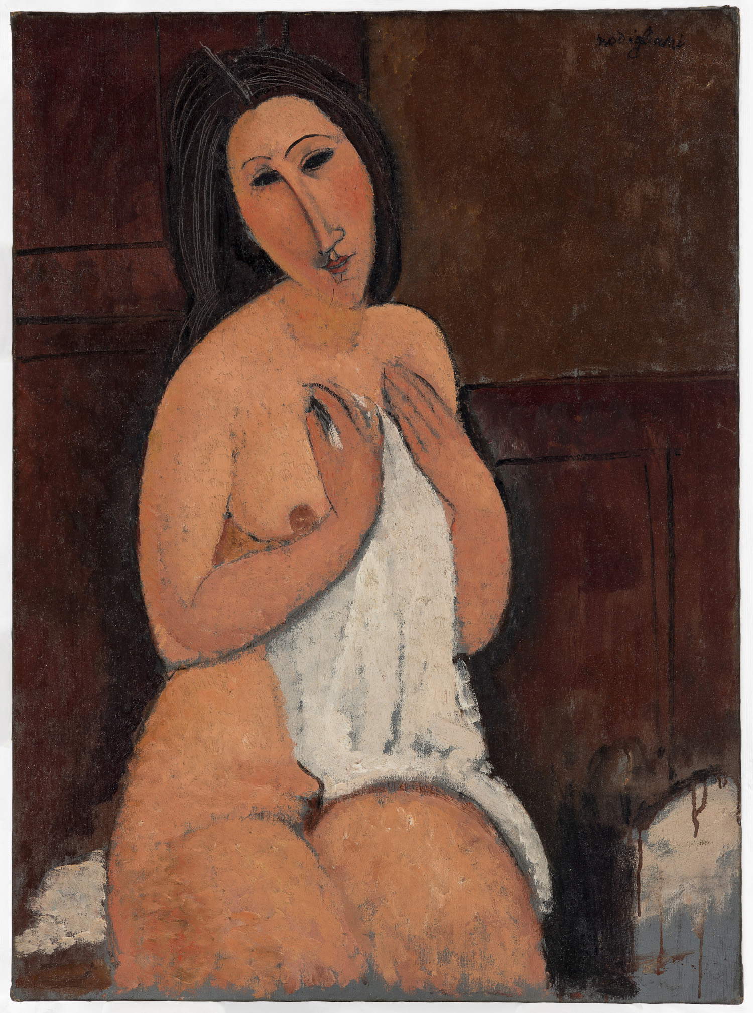 Amedeo Modigliani, Nudo seduto con camicia (1917; olio su tella, 92 x 67,5 cm; Lille, LaM – Lille Métropole Musée d'art moderne, d'art contemporain et d'art brut. Villeneuve d'Ascq © Nicolas Dewitte / LaM