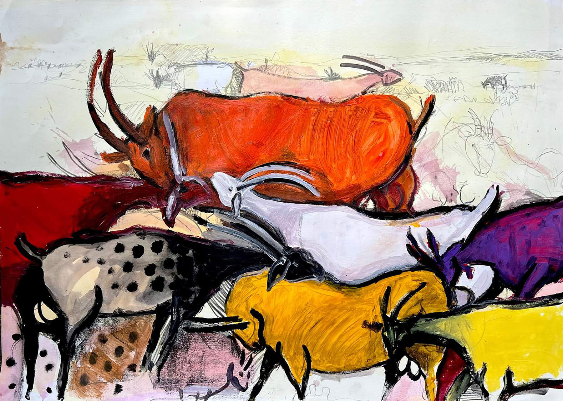 Mohammed Al-Hawajri, Animal farm (2014; acrilico su carta, 100 x 70 cm)