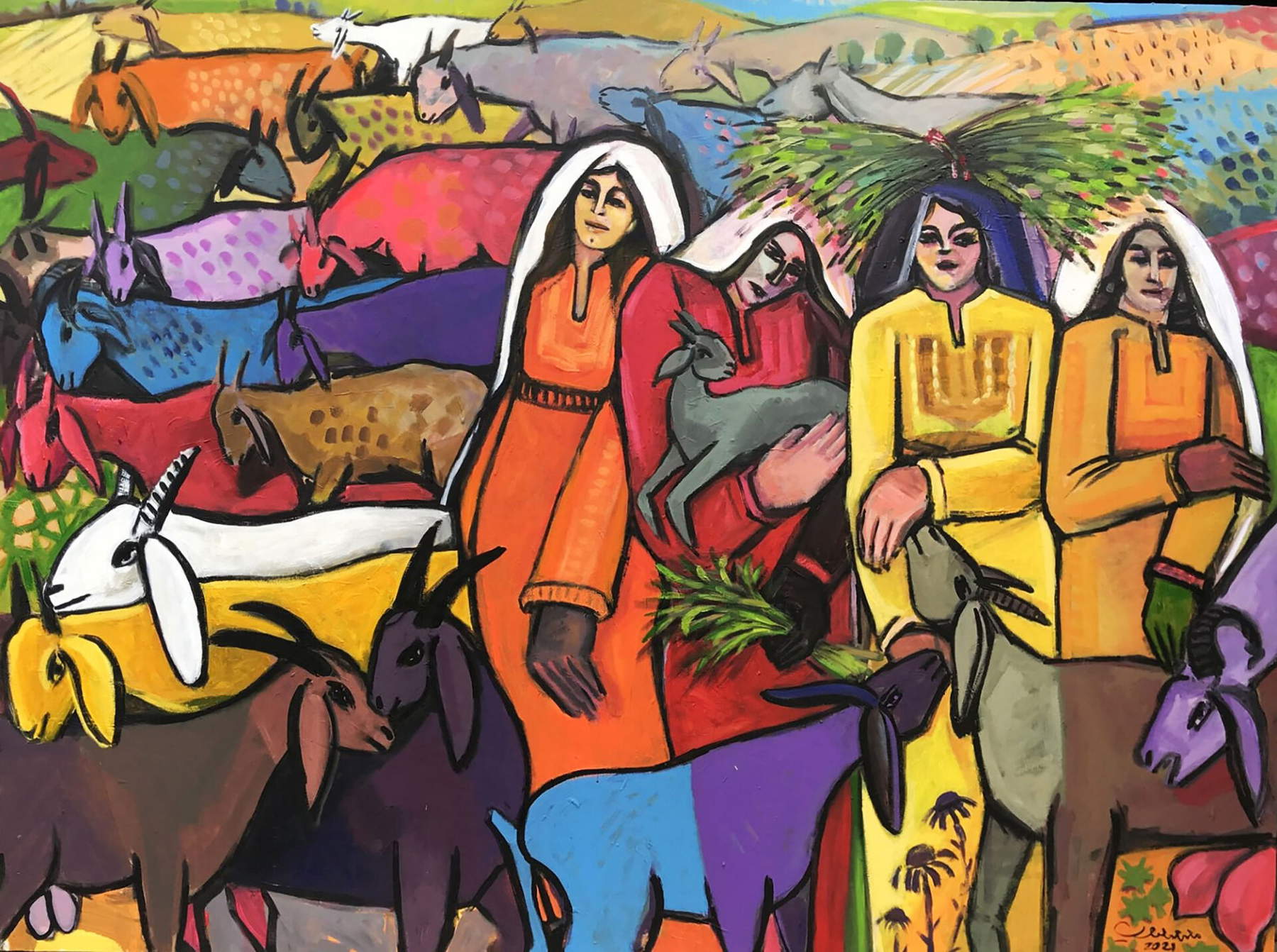 Mohammed Al-Hawajri, Return from the pastures (2021; acrilico su tela, 200 x 150 cm)