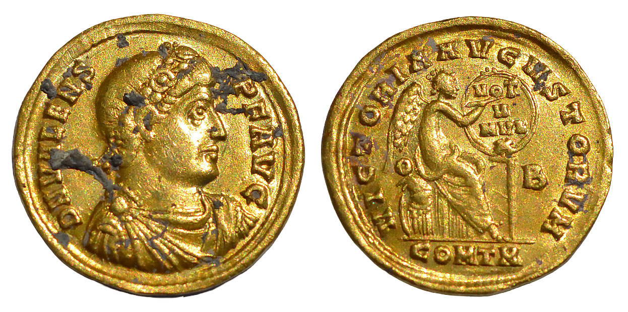 One of three gold coins found during the 2025 excavations: solid of Valens (367-375 AD), minted in the mint of Constantinople