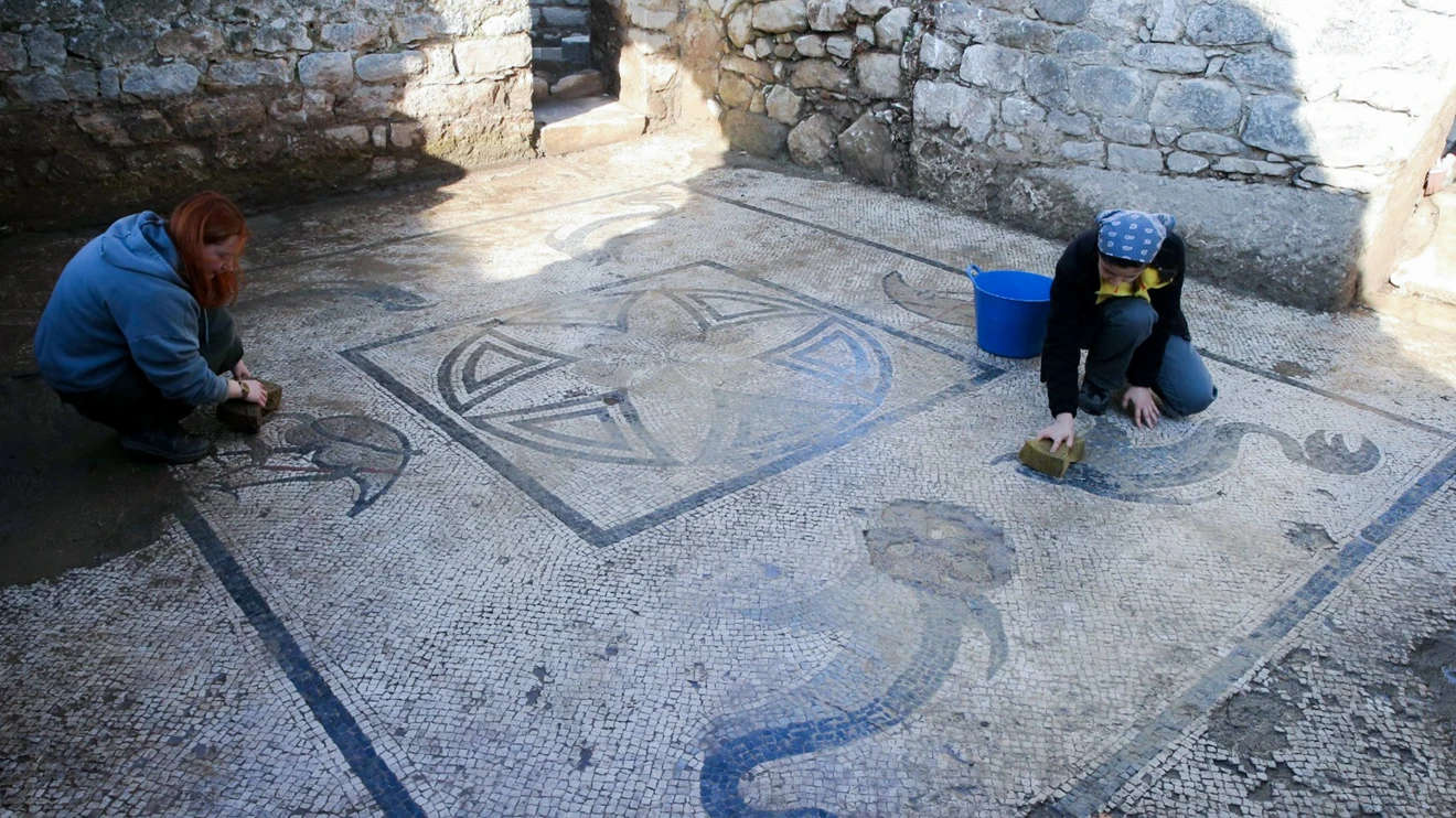 Türkei, Mosaike mit Krokodilen und Flamingos in Heraclea al Latmo entdeckt