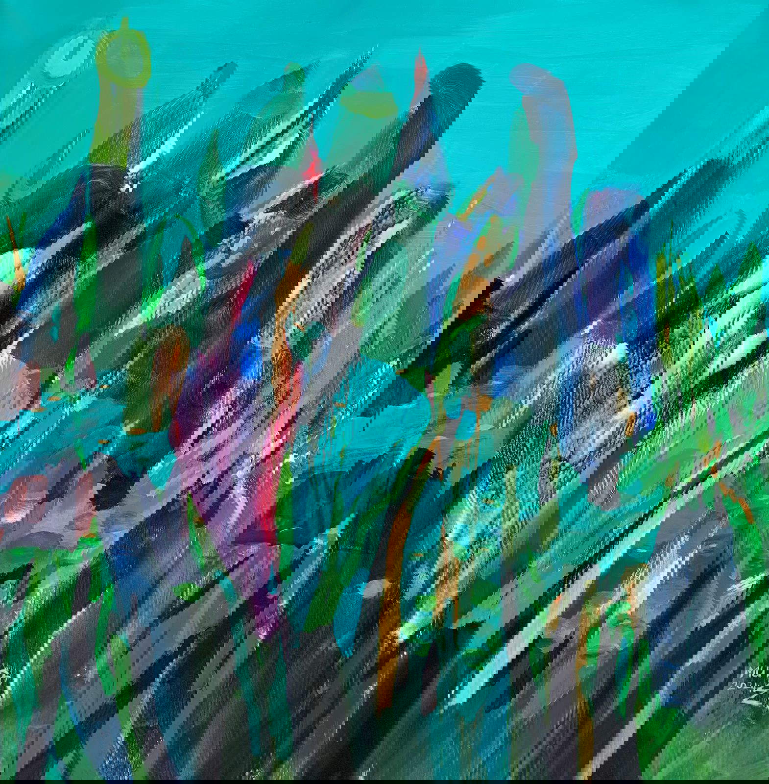 Mutaz Elemam, Forêt contemporaine (2024 ; acrylique sur toile, 92 x 91 cm)