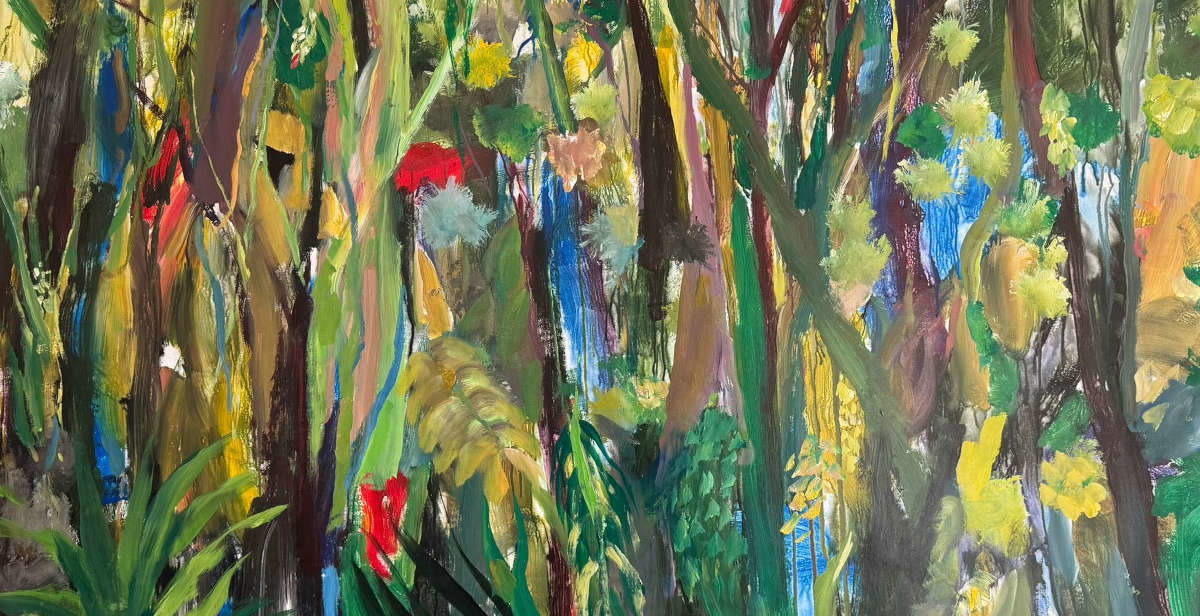 Mutaz Elemam, Forêt contemporaine (2024 ; acryliques sur toile, 150 x 160 cm)