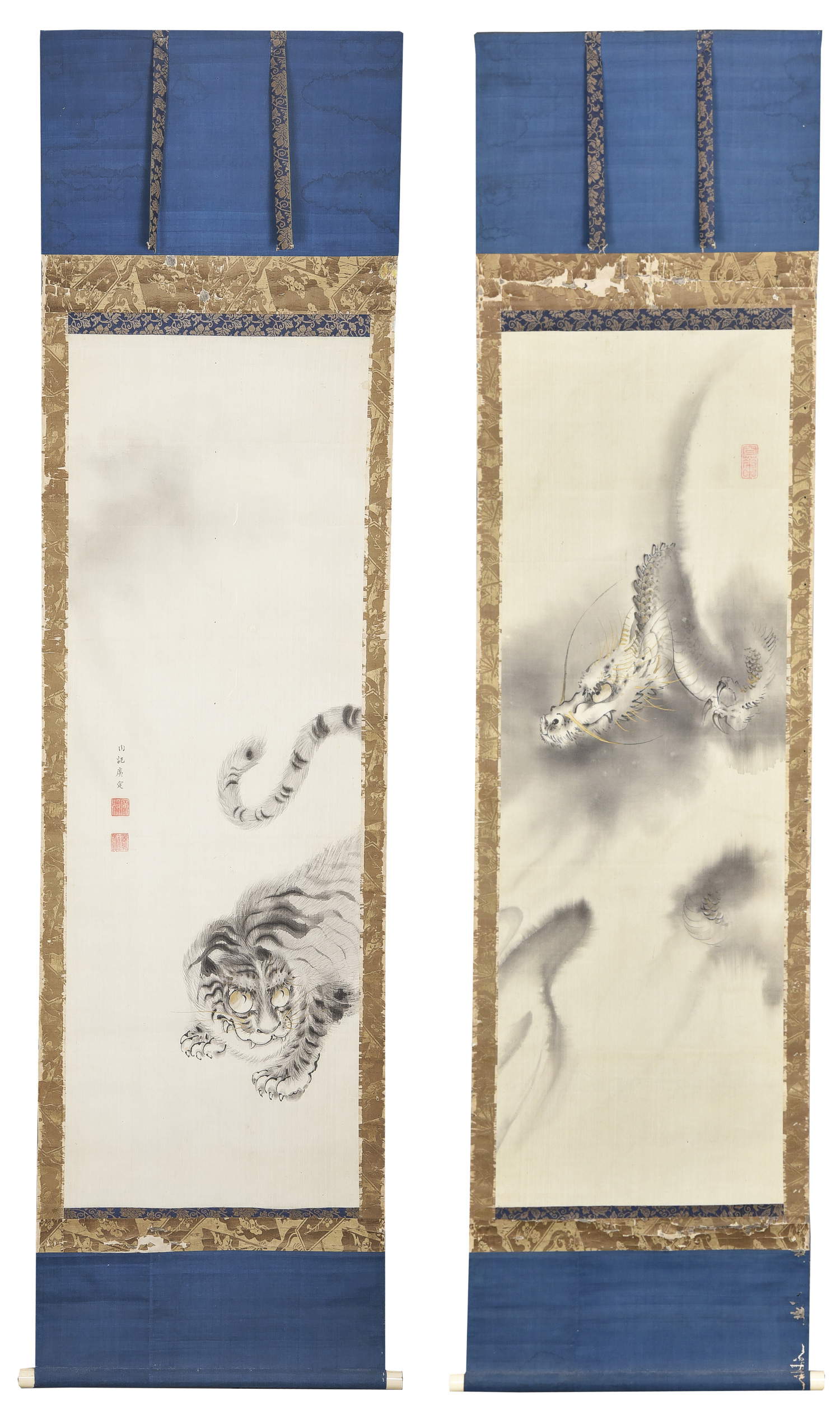 Naiki Hirosada, Dragon et tigre, diptyque de rouleaux verticaux peints à l'encre et aux couleurs sur soie (120 x 40 cm chacun).