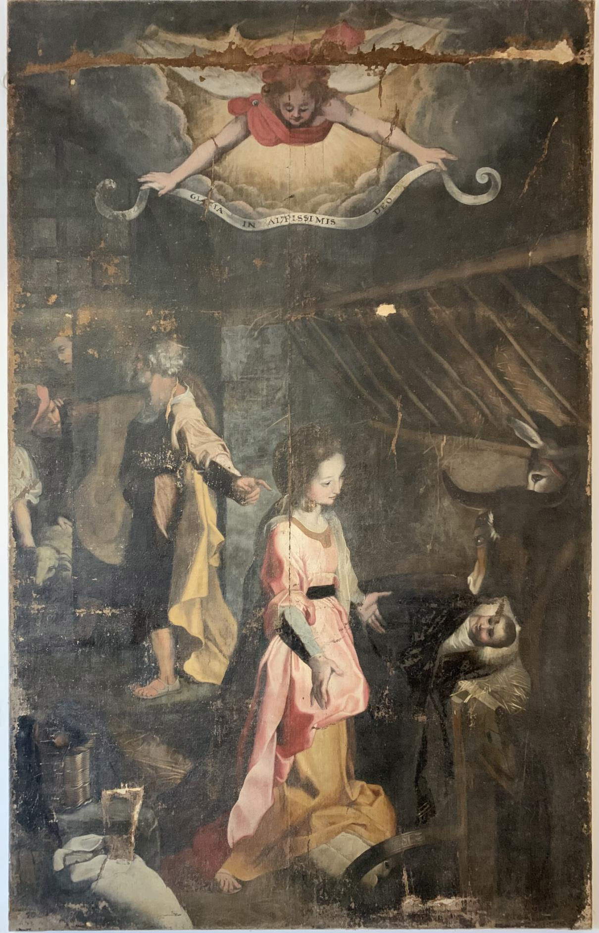 Artista ignoto (da Federico Barocci), Natività prima del restauro (XVII secolo; olio su tela, 295 x 187 cm; Montegiorgio, Palazzo Passari)
