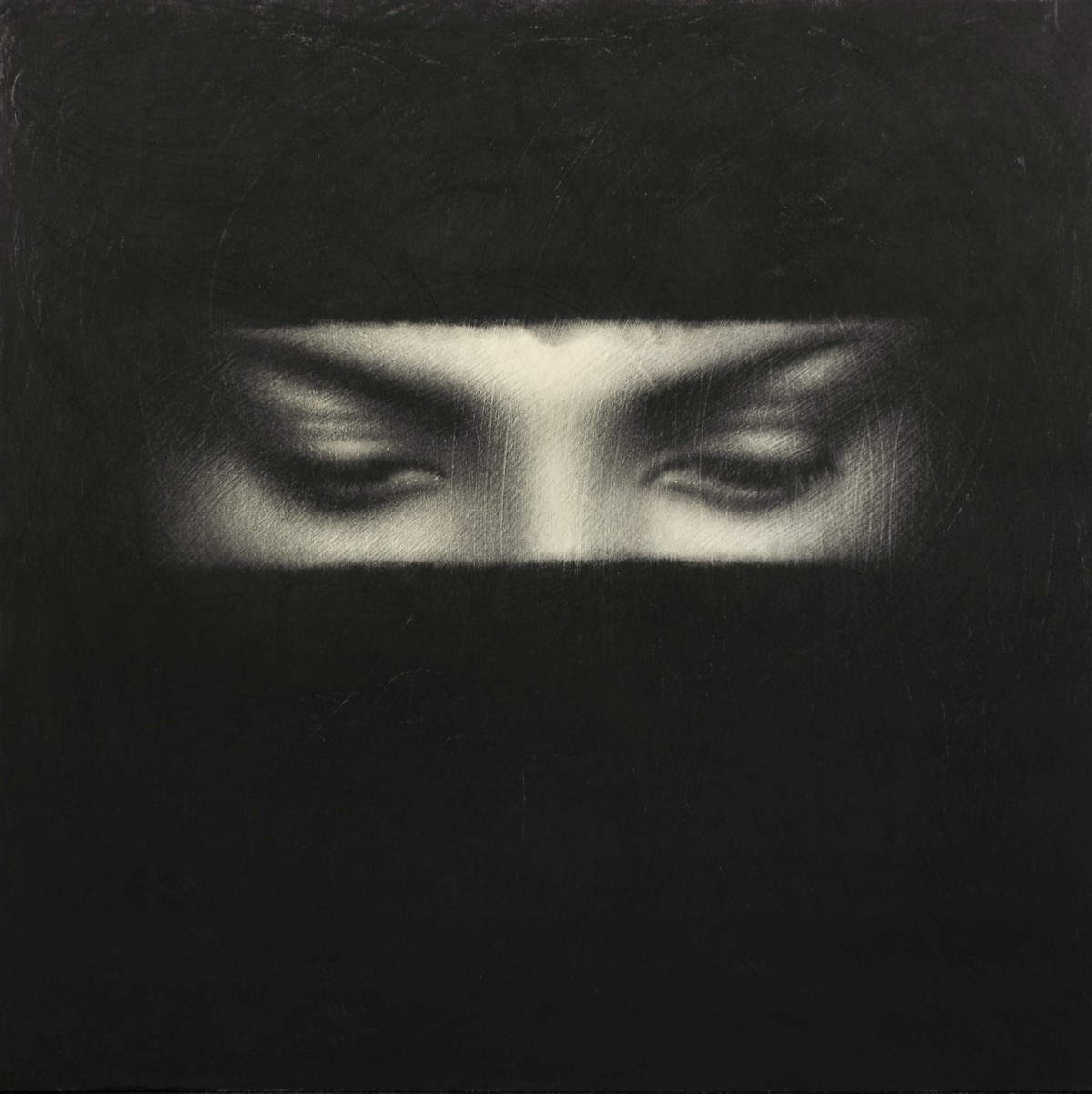 Omar Galliani, S-looks (2024; black pencil on board, 80 x 80 cm)