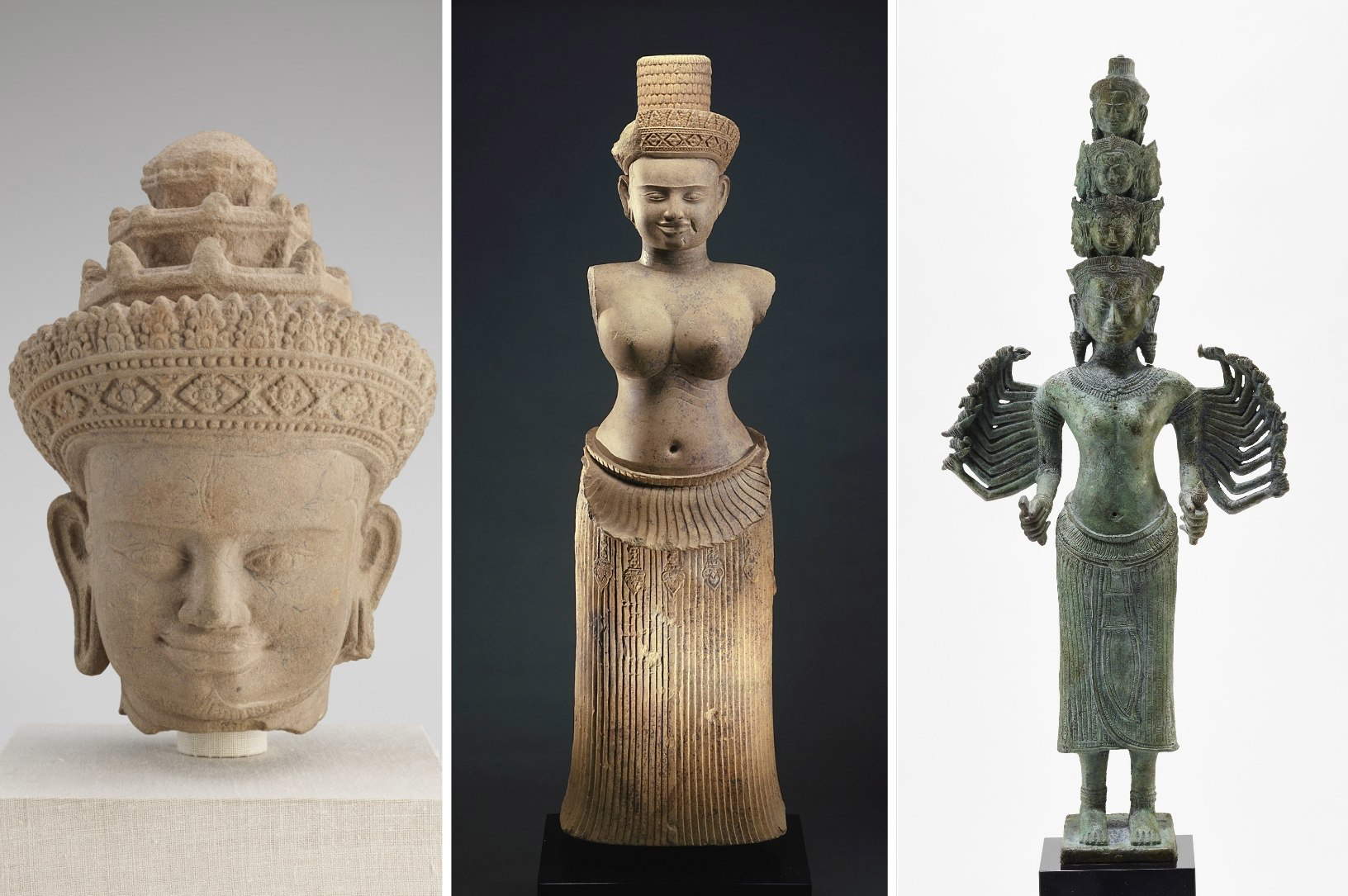 Von links nach rechts: Kopf des Harihara (Mitte des 10. Jahrhunderts); Göttin Uma (10. Jahrhundert) und Prajnaparamita (Vollkommenheit der Weisheit) (um 1200) &copy; National Museum of Asian Art, Smithsonian Institution, Foto: Robert Harrell