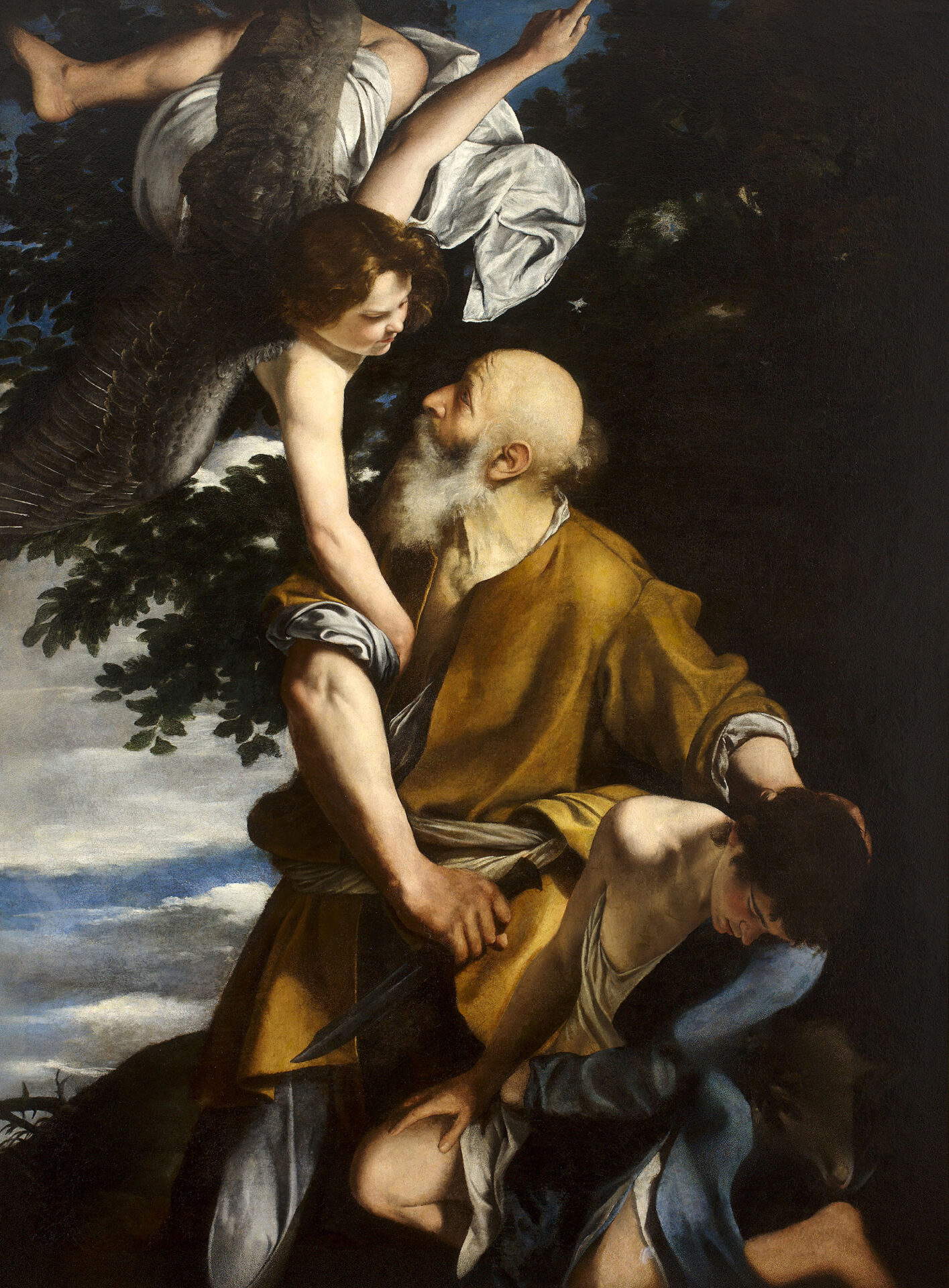 Orazio Gentileschi, Sacrificio di Isacco (1611-1615 circa; olio su tela, 198 x 150,5 cm; Genova, Musei Nazionali di Genova &ndash; Galleria Nazionale della Liguria)