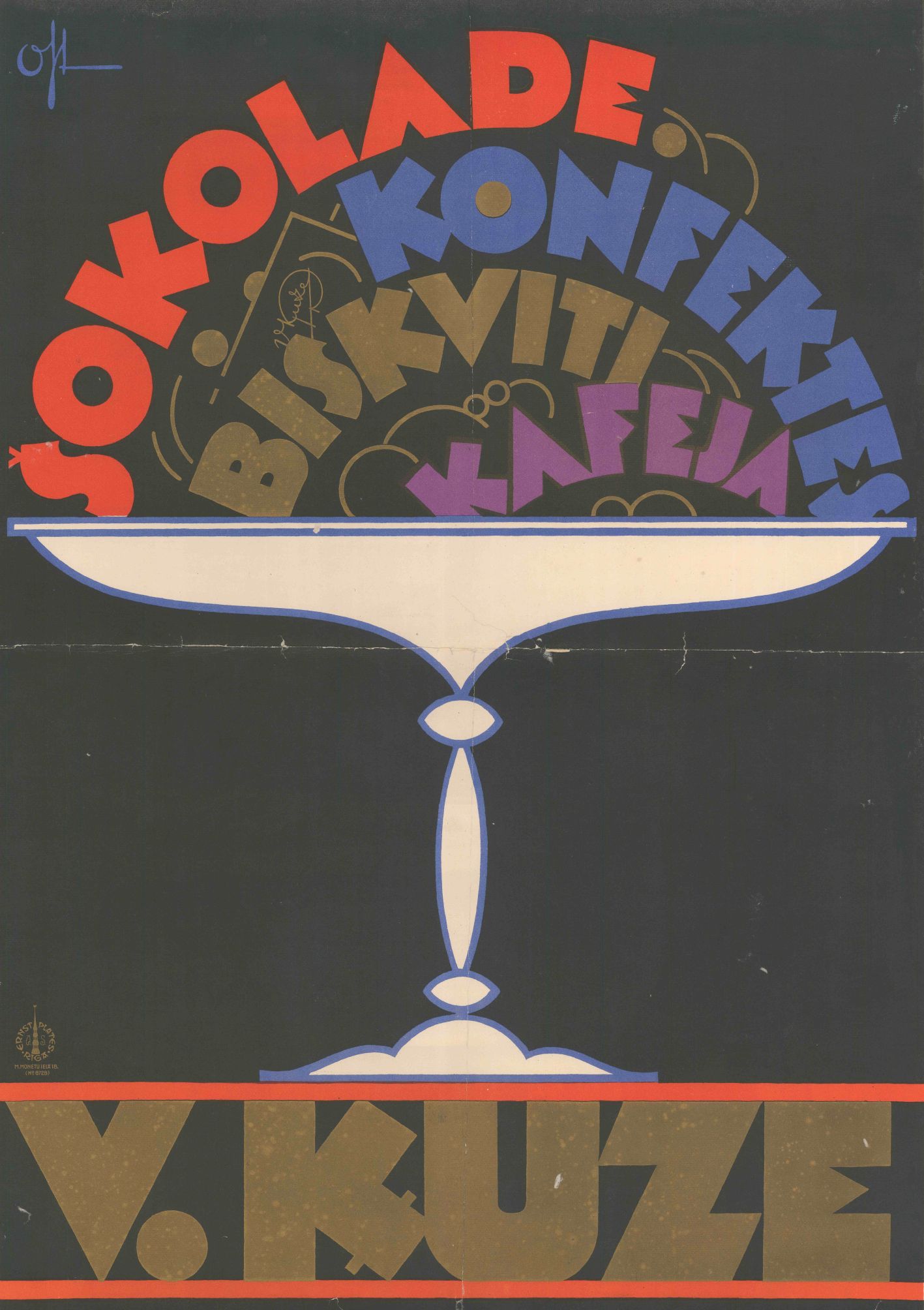 Oskars Šteinbergs, V. Ķuze Chocolate (anni Trenta del XX secolo; manifesto stampato; Riga, Biblioteca Nazionale della Lettonia) Oskars Šteinbergs, V. Ķuze Chocolate (anni Trenta del XX secolo; manifesto stampato; Riga, Biblioteca Nazionale della Lettonia)