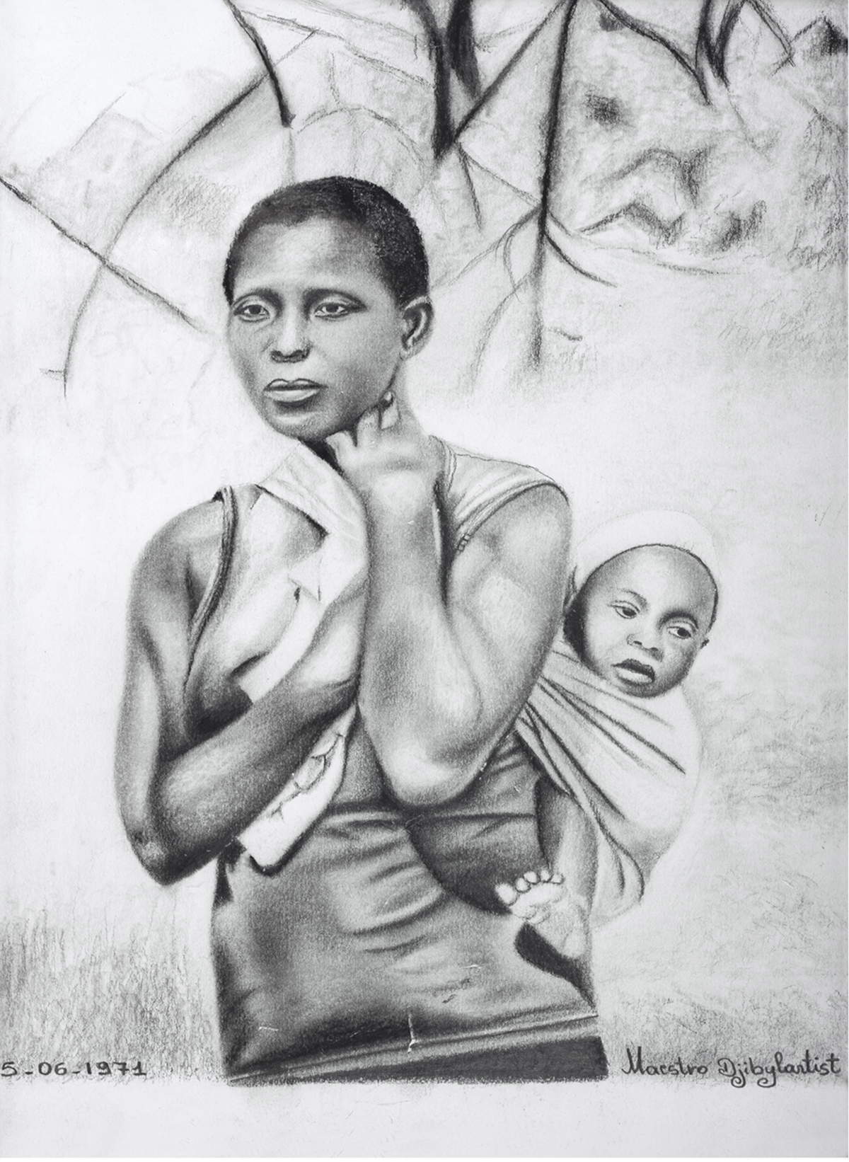 Djiby Samb (dal Senegal, rifugiato in Italia), Mamma, la barca &egrave; affondata (2024; carboncino su carta, 12 x 10 cm)