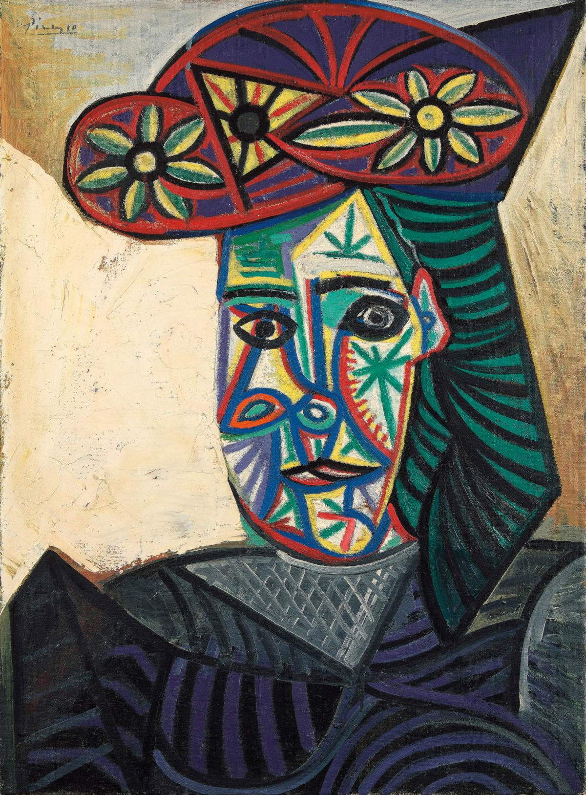 Pablo Picasso, Buste de femme au chapeau &agrave; fleurs (Dora Maar) (1943, olio su tela, firmato in alto a sinistra, datato 11 luglio 1943 sul retro e annotato a matita sul telaio &ldquo;CH 44&rdquo;, 81 x 60 cm) Foto: Gazette Drouot &copy; Succession Picasso