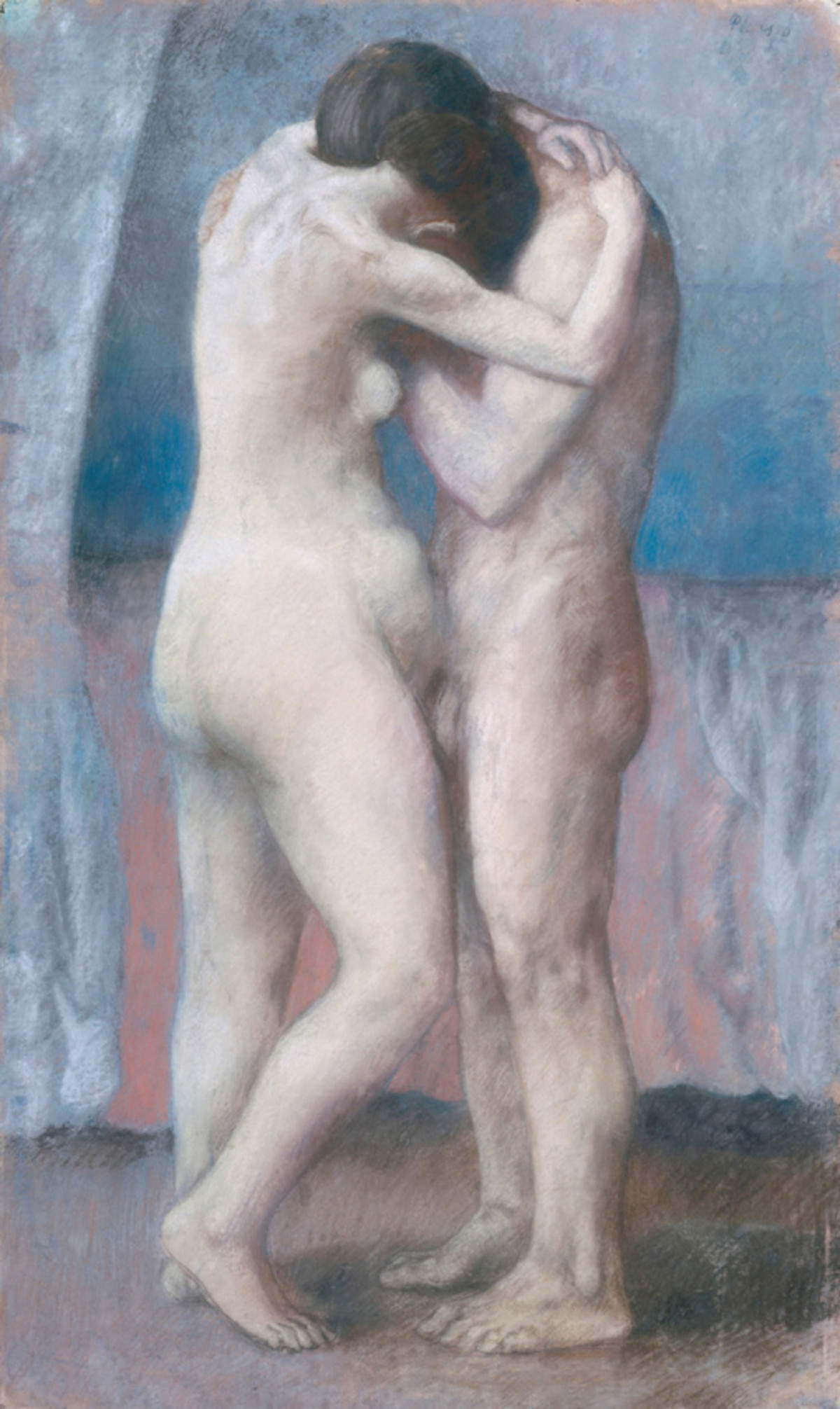 Pablo Picasso, L'Etreinte (The Embrace) (1903; Pastel, 100 x 60 cm; Paris, Musée de l'Orangerie) Succession Picasso 2025 &copy; RMN-Grand Palais