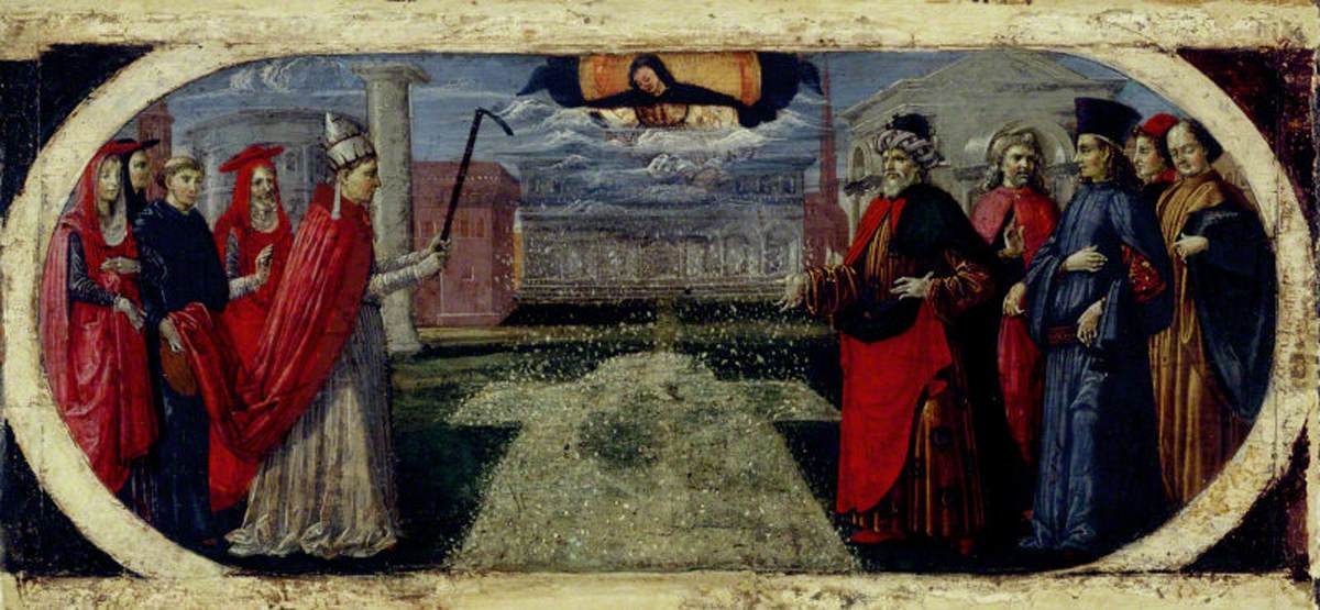 Perugino, Milagro de las nieves (c. 1472 / 1475; óleo sobre tabla de álamo, 18,4 x 40 cm; Surrey, National Trust)