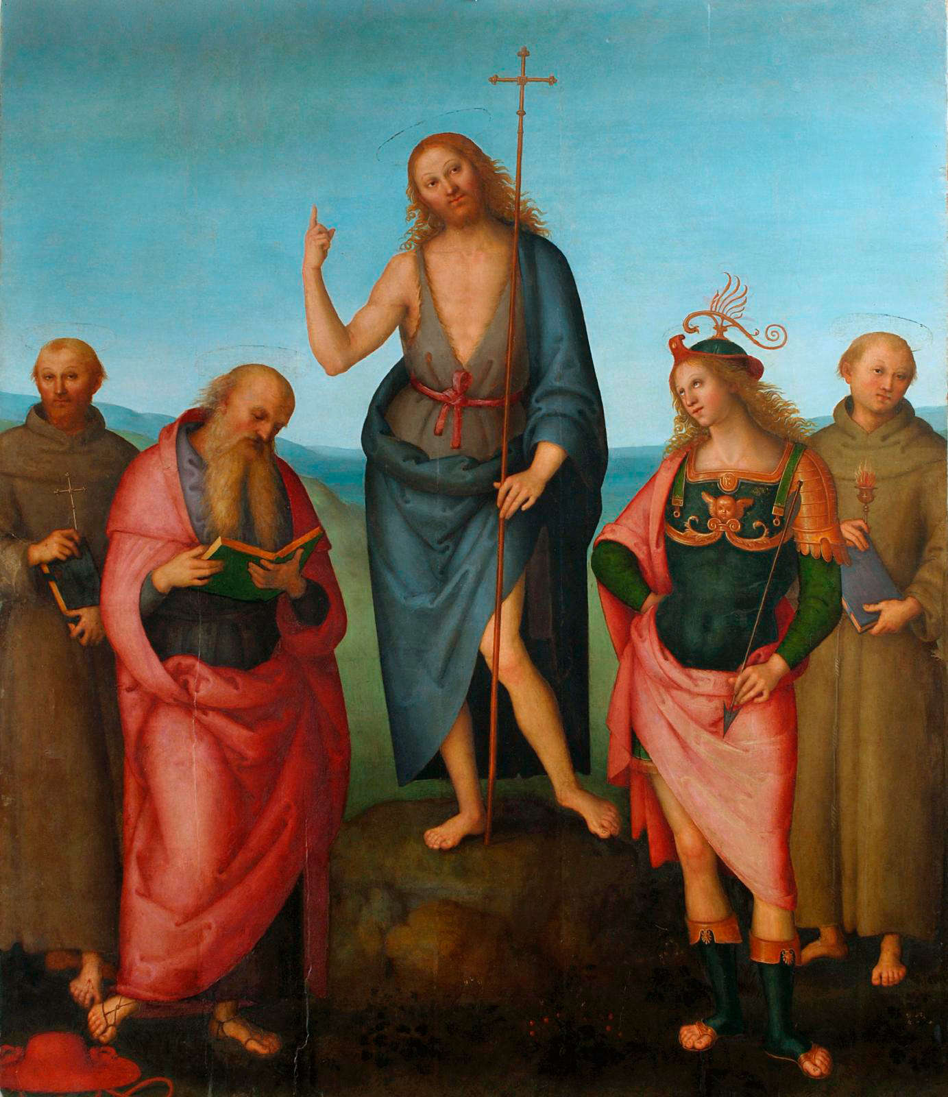 Pérugin (attr.), Saint Jean-Baptiste entre les saints François d'Assise, Jérôme, Sébastien et Antoine de Padoue (1510-1512 ; tempera sur panneau, 202,5 x 172,4 cm ; Pérouse, Galleria Nazionale dell'Umbria)