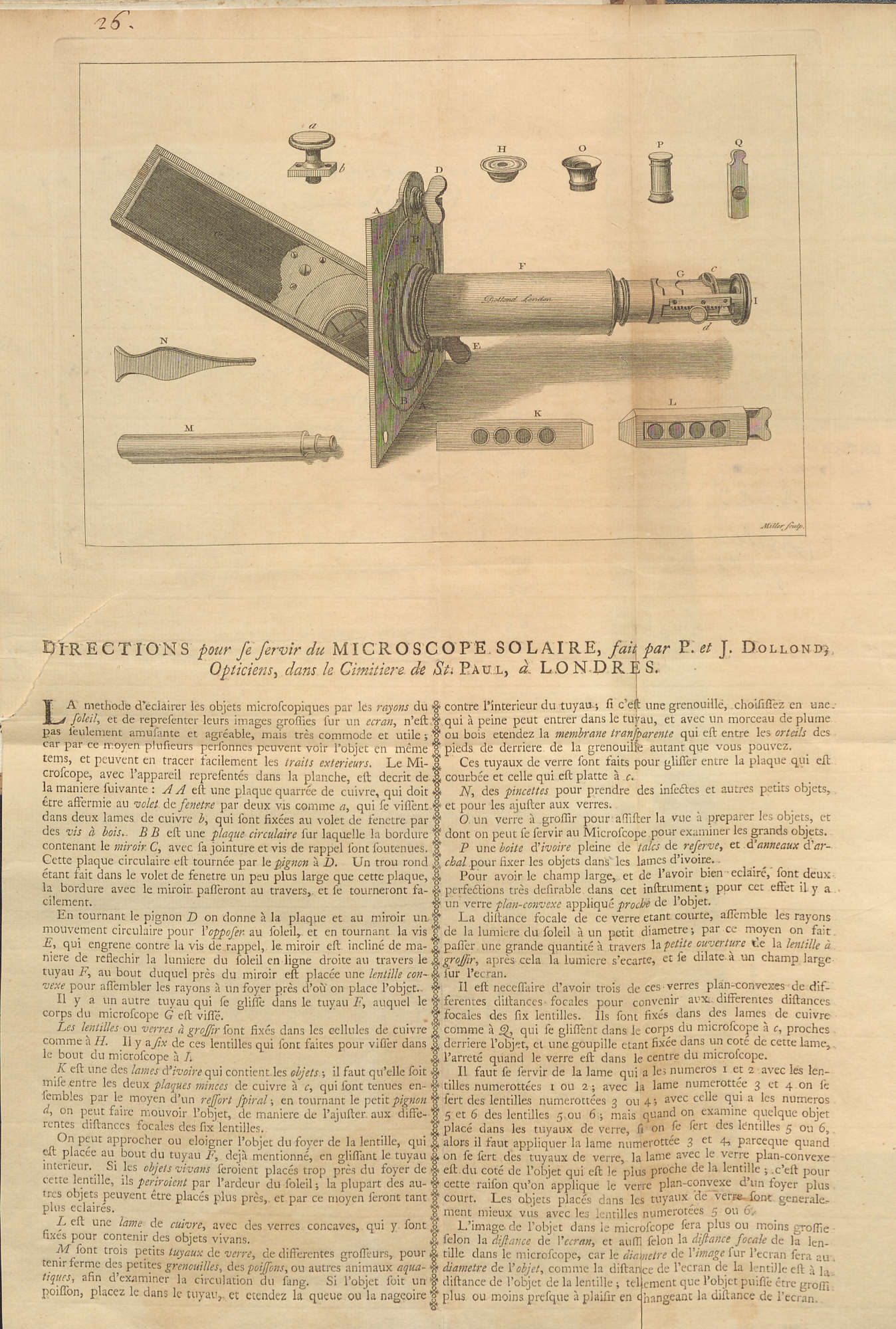 Peter Dollond (1730-1820), Instructions pour se servir du microscope solaire..., 1769-1804.