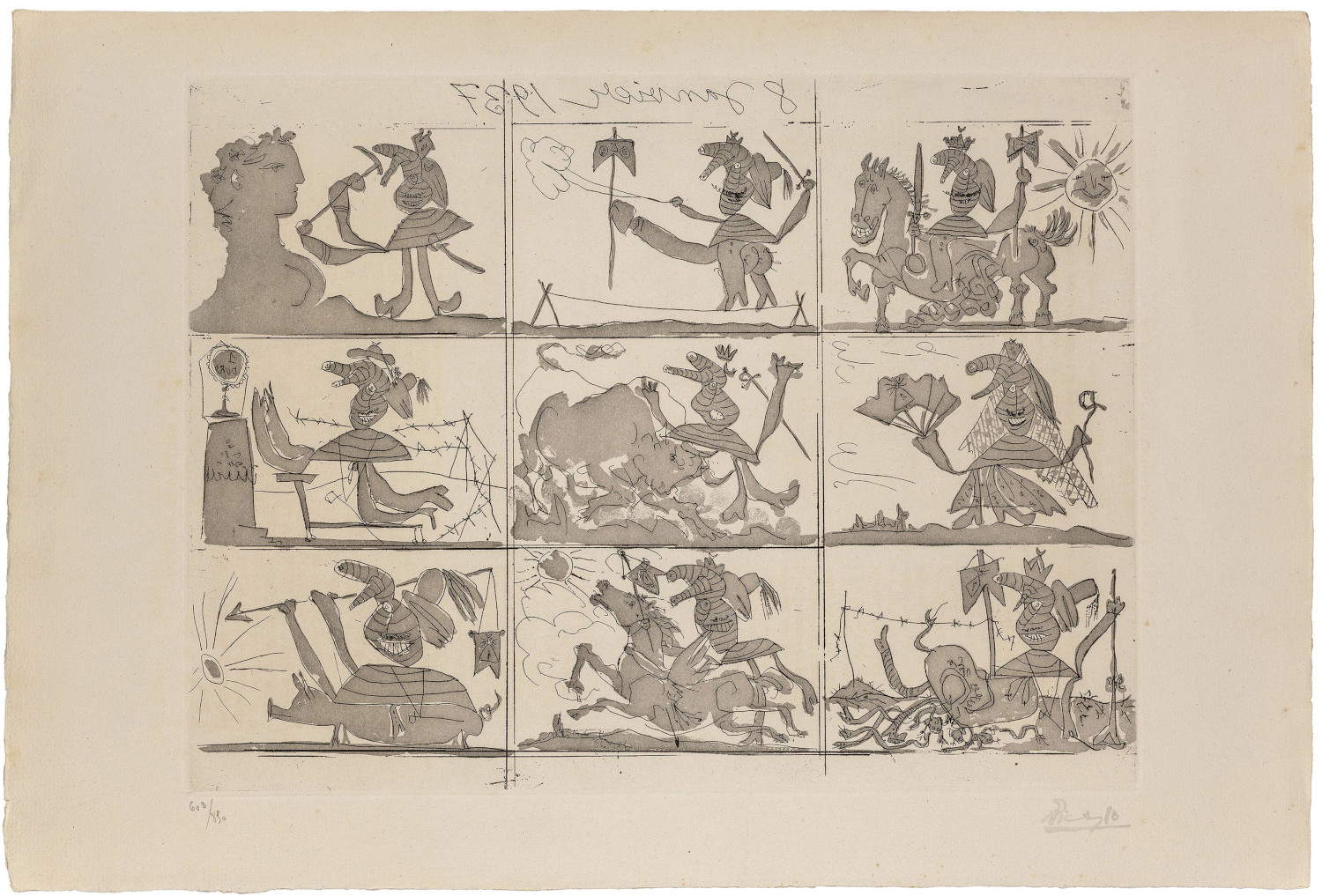 Pablo Picasso, Sueño y Mentira de Franco (1937, 2 gravures originales à l'aquatinte divisées en neuf scènes chacune, exemplaire 602 sur 890 sur vergata de Montval, 57,2 x 38,5 cm ; Parme, Fondazione Cariparma Art Collections - Donation Corrado Mingardi)