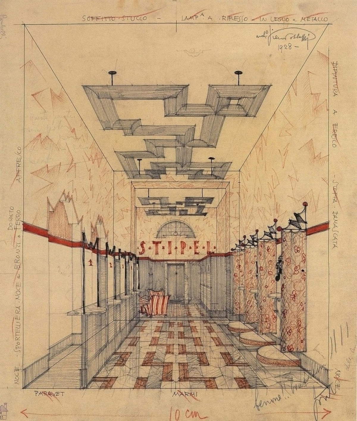Piero Portaluppi, Stipel-Laden in der Galleria Vittorio Emanuele (1928; perspektivische Zeichnung, Archiv der Fondazione Piero Portaluppi)