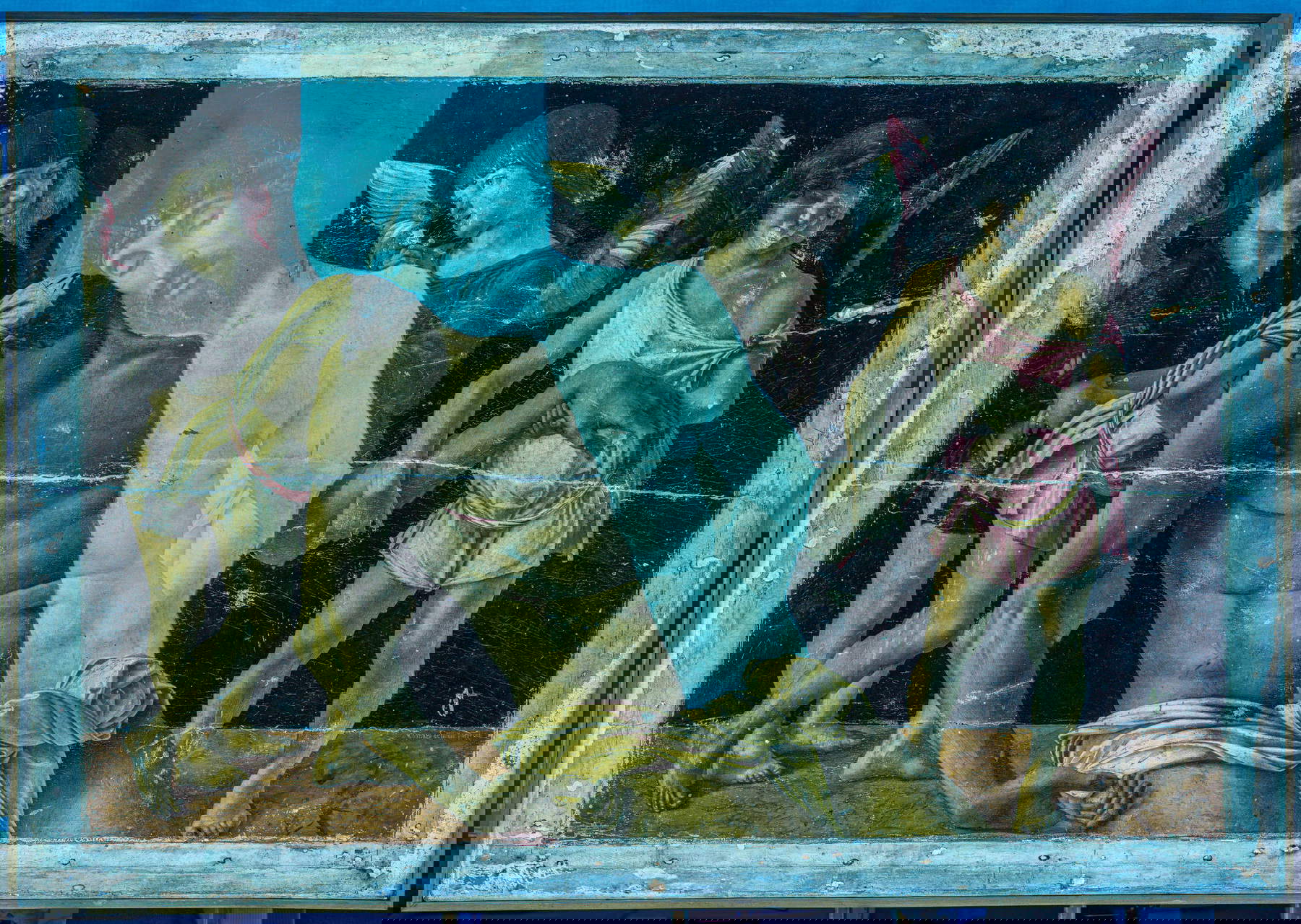 Giovanni Bellini, Piet&agrave;, tassello di pulitura in luce riflessa UV. Foto: Matteo De Fina, Museo della Citt&agrave; &ldquo;Luigi Tonini&rdquo;, Rimini, per gentile concessione