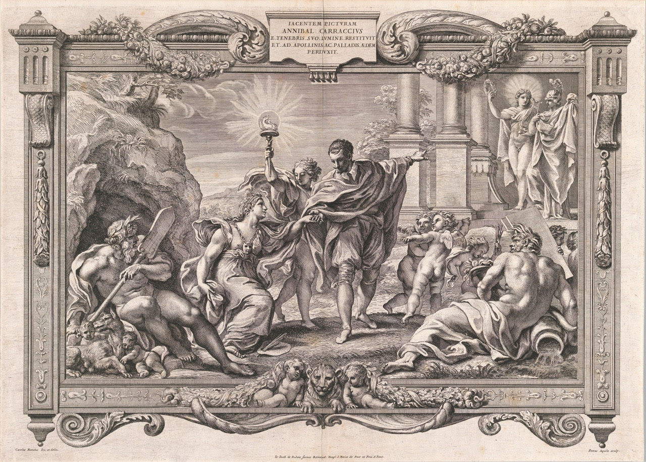 Pietro Aquila, Annibale Carracci élève la peinture, sur un dessin de Carlo Maratti (Fermo, Biblioteca Civica