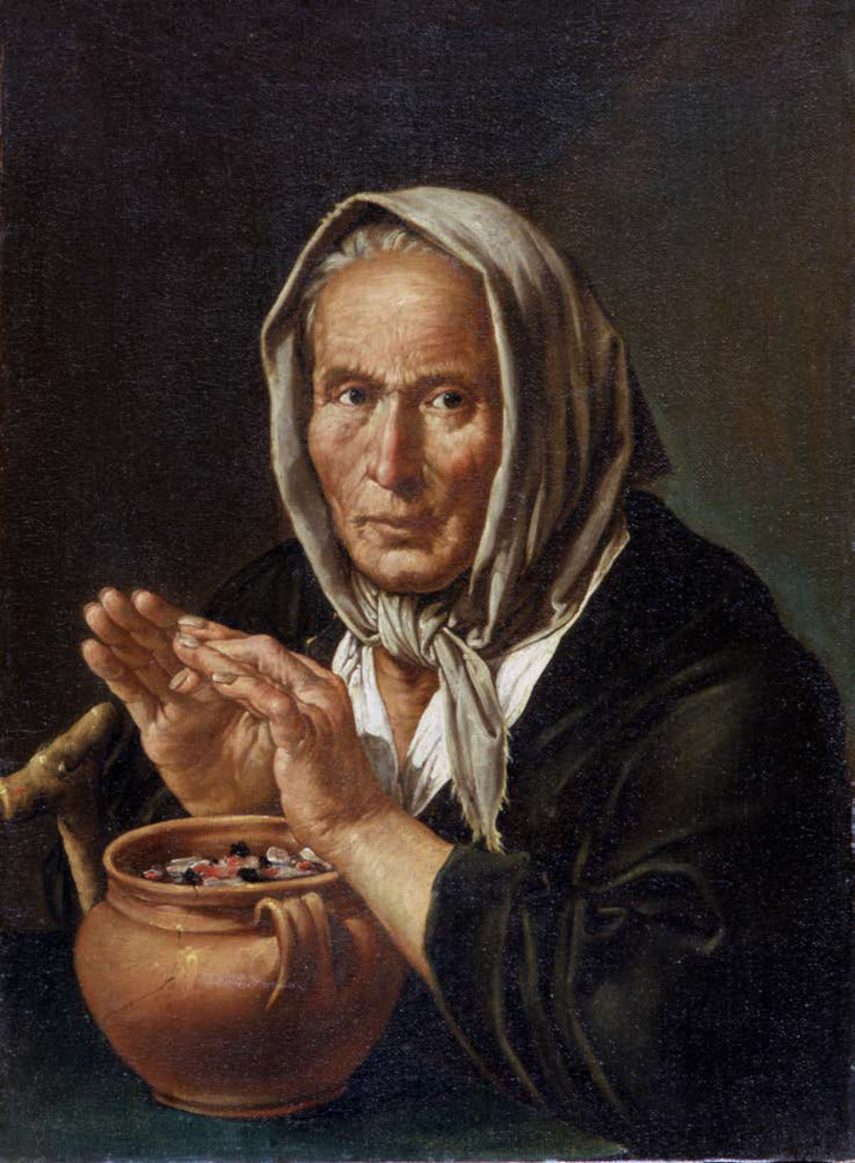 Pietro Bellotti, Vecchia che si riscaldda (1690; oil on canvas, 65 &times; 47 cm; Bologna, Pinacoteca Nazionale, inv. 137)