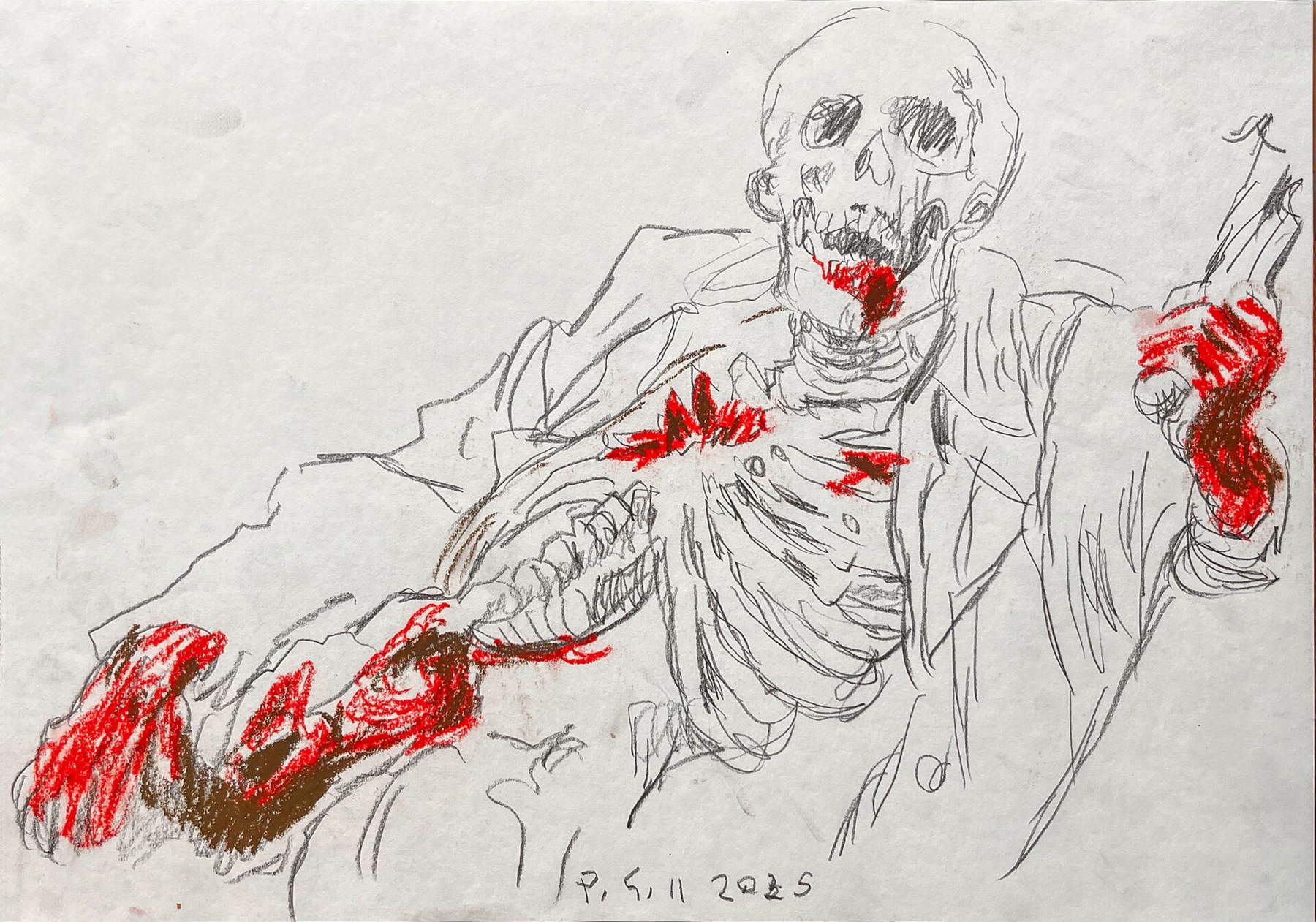 Pietro Geranzani, Disegni di guerra (2024/2025; matita e pastelli su carta, 29,7 x 42 cm)