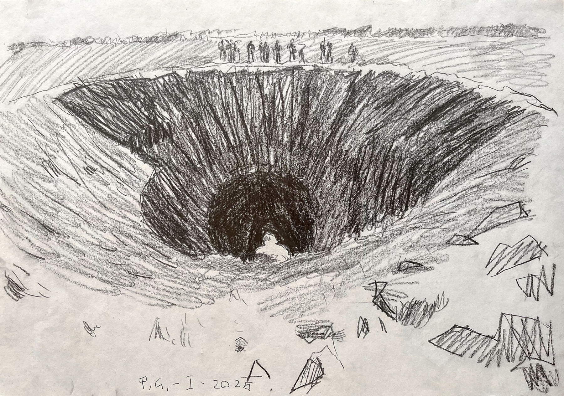 Pietro Geranzani, Disegni di guerra (2024/2025; matita e pastelli su carta, 29,7 x 42 cm)