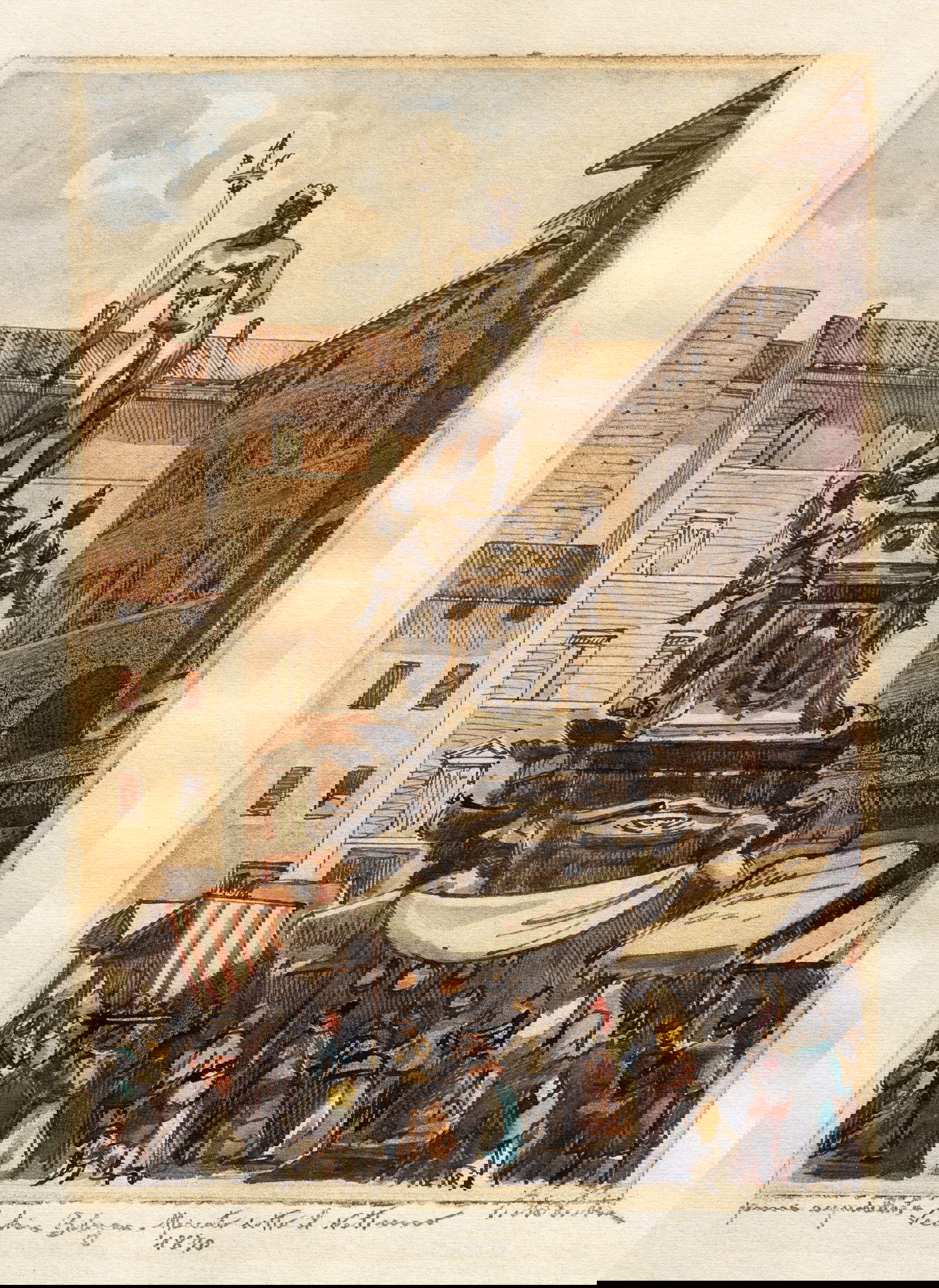 Pietro Pietra, Das alte Bologna. Markt unter dem Neptun (aquarellierte Feder, 23,5 x 17,5 cm; Privatsammlung)