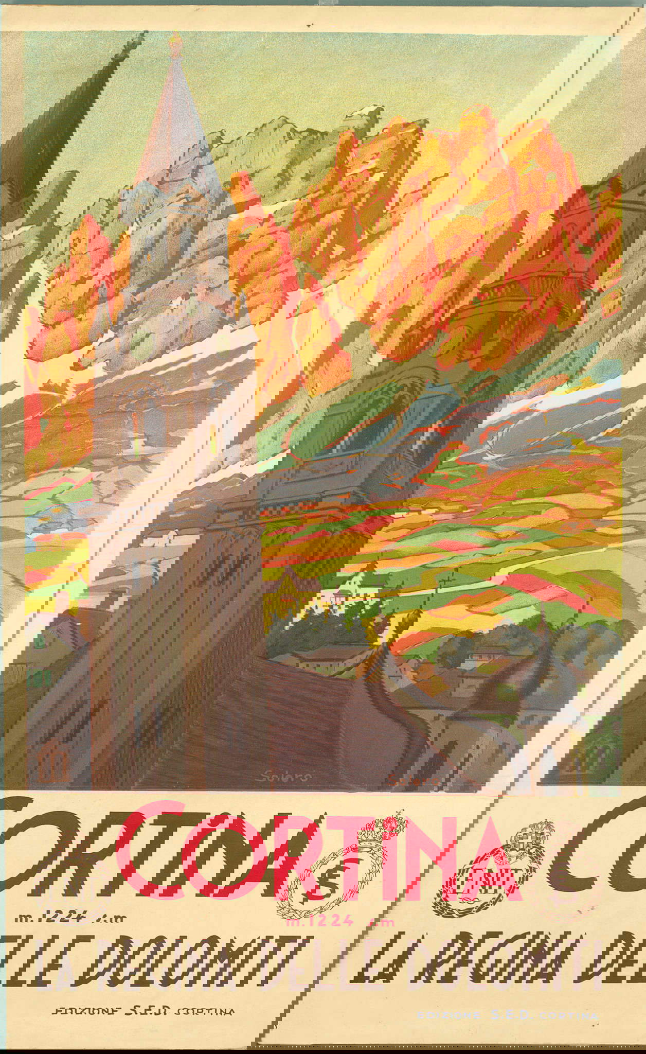 Pio Solero, Cortina. La regina delle Dolomiti (1931; Edizioni S. E. D., Cortina d'Ampezzo - ENIT, litografía en color sobre papel, 100x61,5 cm; Milán, Castello Sforzesco, Civica Raccolta delle Stampe  Pio Solero, Cortina. La regina delle Dolomiti (1931; Edizioni S. E. D., Cortina d'Ampezzo - ENIT, litografía en color sobre papel, 100x61,5 cm; Milán, Castello Sforzesco, Civica Raccolta delle Stampe