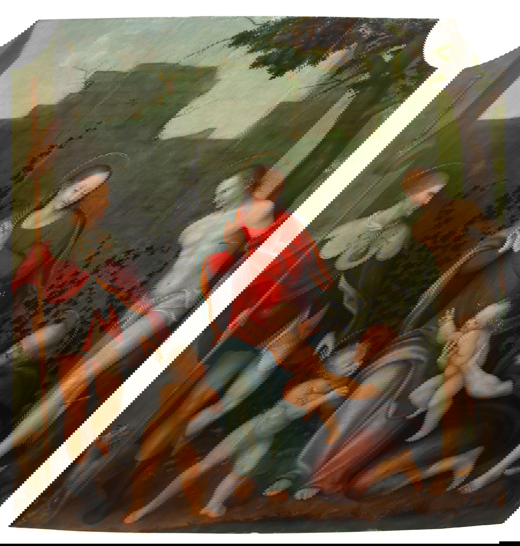 Pittore milanese, Sacra Famiglia con San Giovannino tra i Santi Rocco e Sebastiano (1540 circa; olio su tavola, 185 x 180 cm; Sale, San Calocero)