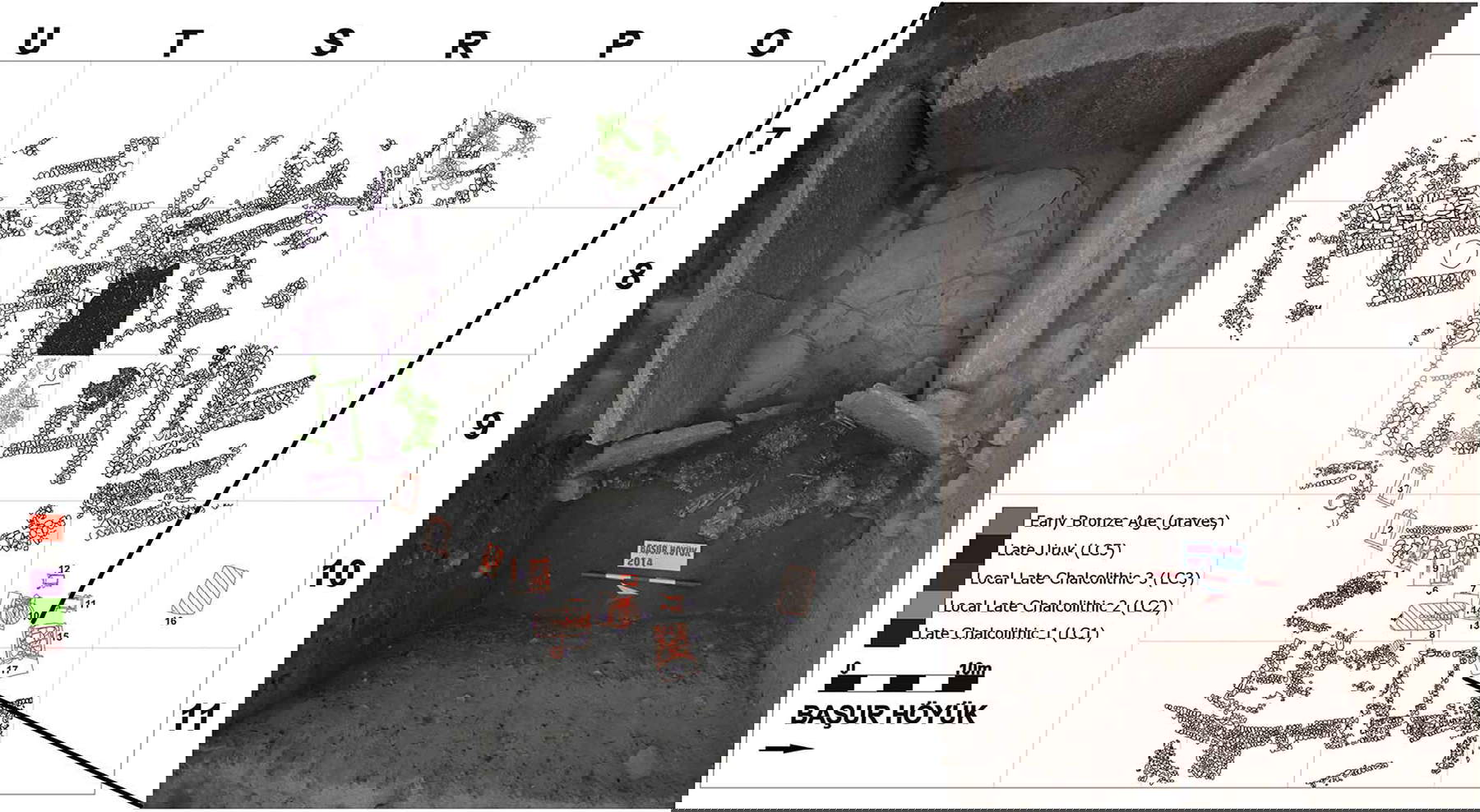 Planimetria degli scavi di Başur Höyük con contesti cimiteriali dell'antica età del bronzo numerati e dettaglio delle tombe 15 e 17 (rispettivamente all'interno e all'esterno di una tomba a cista). Pubblicato da Cambridge University Press.