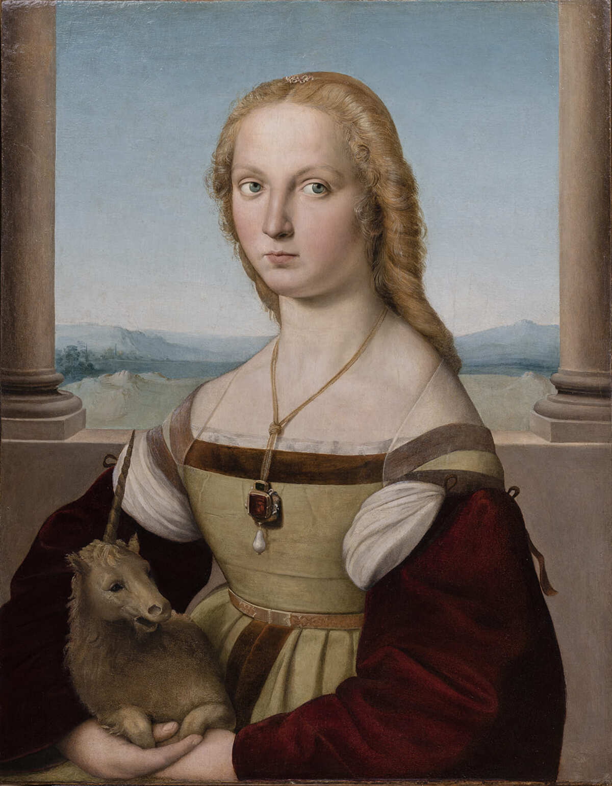 Raphaël Sanzio, Dame à la licorne (début 1505 ; huile sur panneau transportée sur toile (appliquée sur carton), 67 x 56 cm ; Rome, Galleria Borghese). Photo A. Novelli.