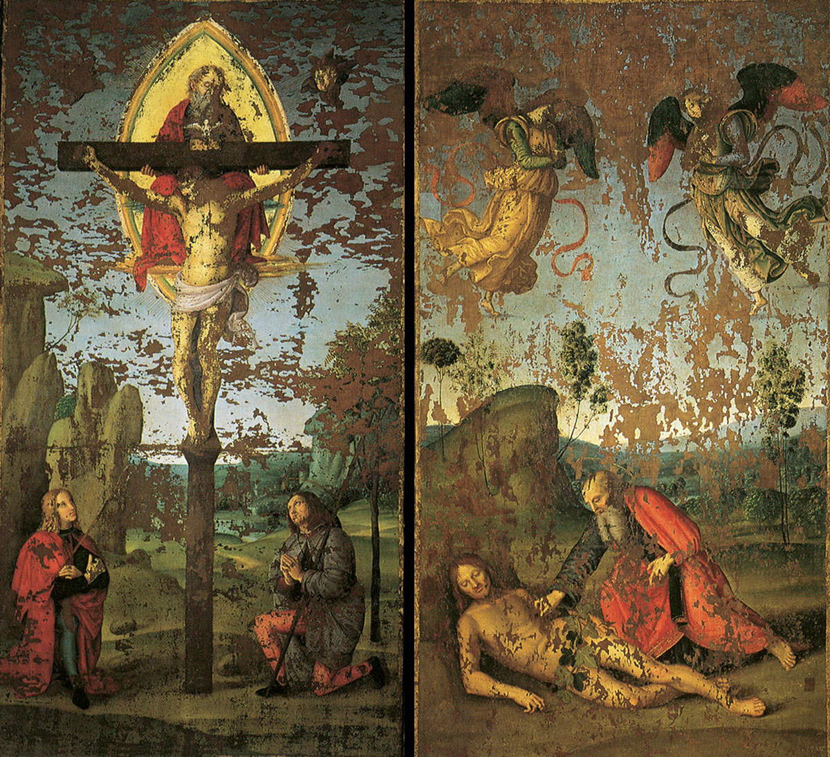 Raphaël, Étendard de la Sainte Trinité, recto et verso (1499 ; huile sur toile, 166 x 94 cm ; Citt&agrave; di Castello, Pinacoteca Comunale)