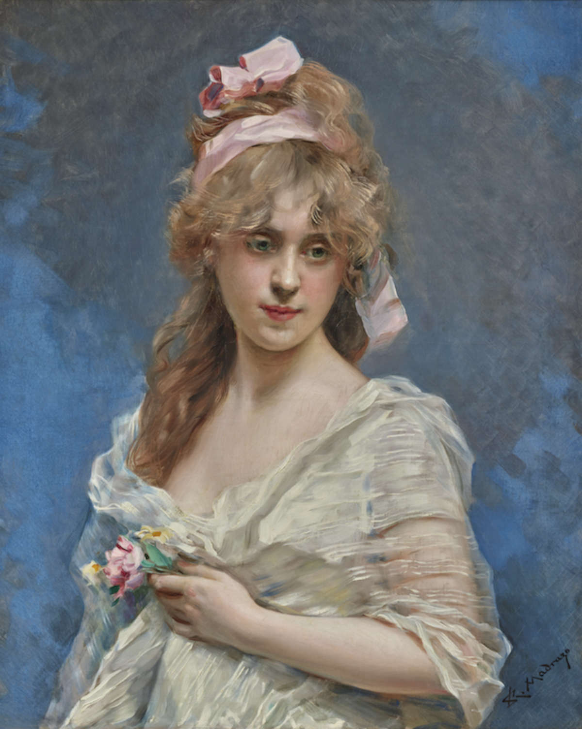 Raimundo de Madrazo y Garreta, Le ruban rose (the pink ribbon) (oil on canvas, 81 x 65 cm). Courtesy of Galerie Ary Jan, Paris