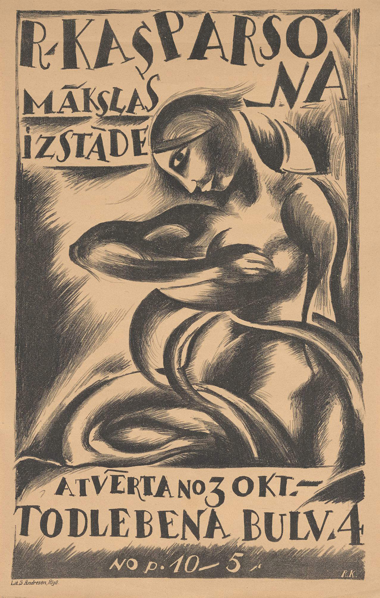 Reinholds Kasparsons, Exhibition of R. Kasparsons’ Art Is Open from 3 Oct – Todlebena bulv (1920; manifesto stampato; Zuzeum Collection) Reinholds Kasparsons, Exhibition of R. Kasparsons’ Art Is Open from 3 Oct – Todlebena bulv (1920; manifesto stampato; Zuzeum Collection)