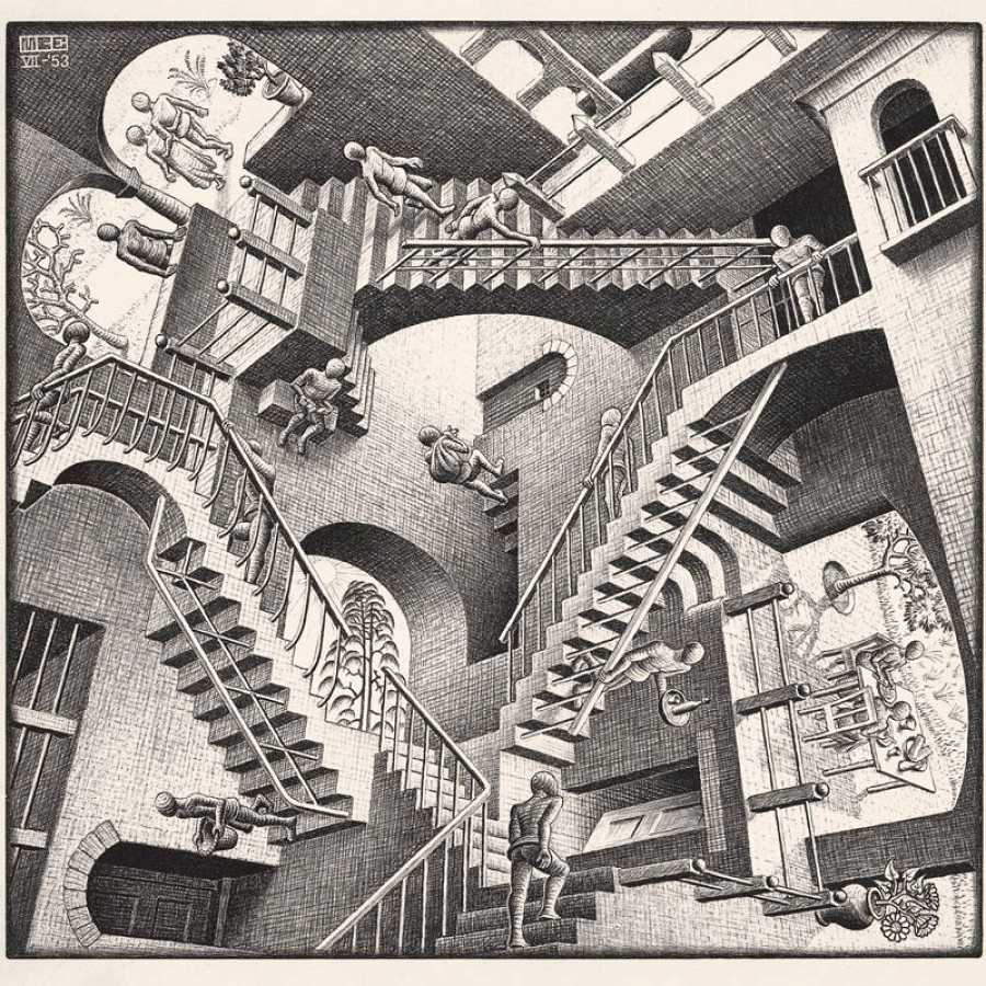 Maurits Cornelis Escher, Relativität (1953; Lithographie, 27,7 cm &times; 29,2 cm)