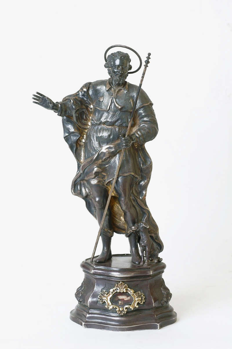 Argentiere piemontese, Reliquiario di san Rocco (XVIII secolo; argento sbalzato, cesellato, dorato, 38 x 15 x 13 cm; Balzola, Chiesa dell&rsquo;Assunzione di Maria Vergine)