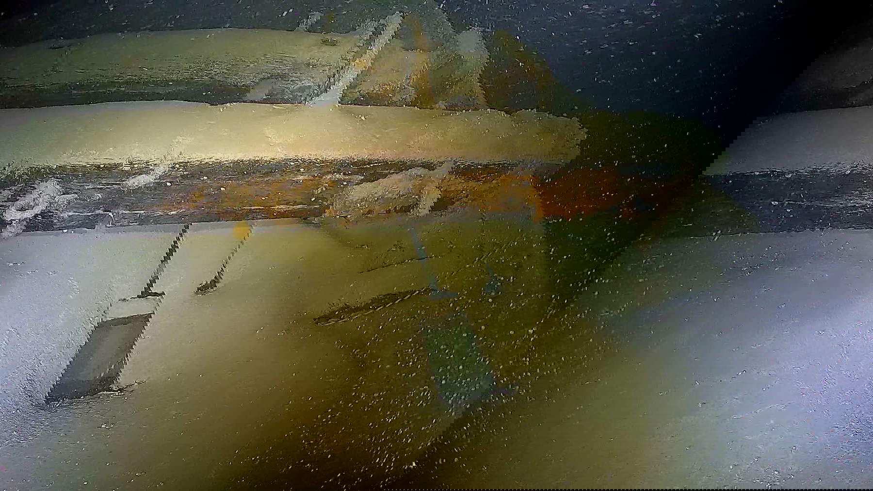 Sedimentbedecktes Deck eines vollständig erhaltenen hölzernen Handelsschiffs auf dem Meeresgrund des Bodensees. Foto: LAD/Marcel Edel