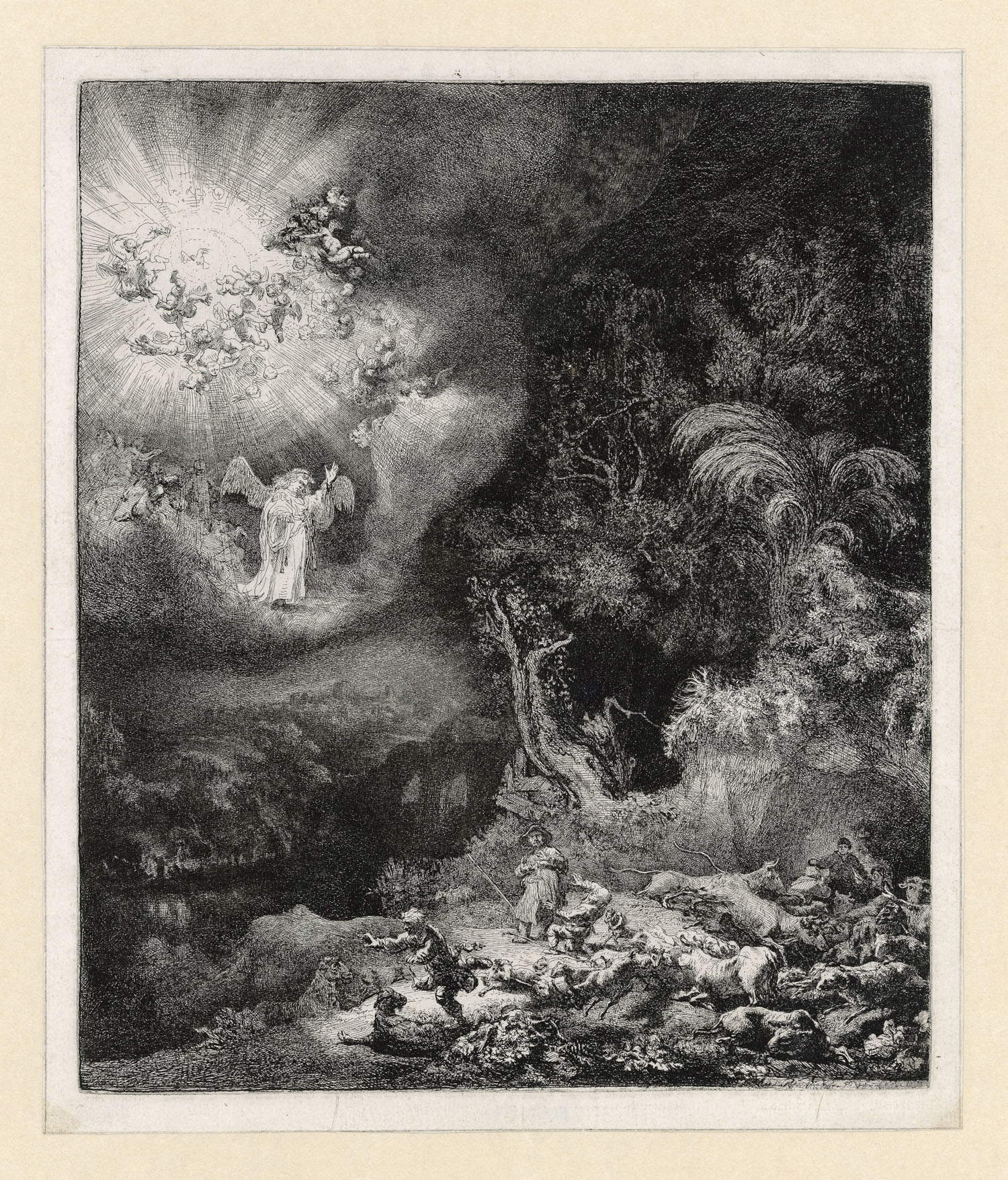 Rembrandt van Rijn, El ángel se aparece a los pastores (1634; aguafuerte, buril y punta seca, 26,2 x 21,8 cm; Amsterdam, Rembrandthuis)