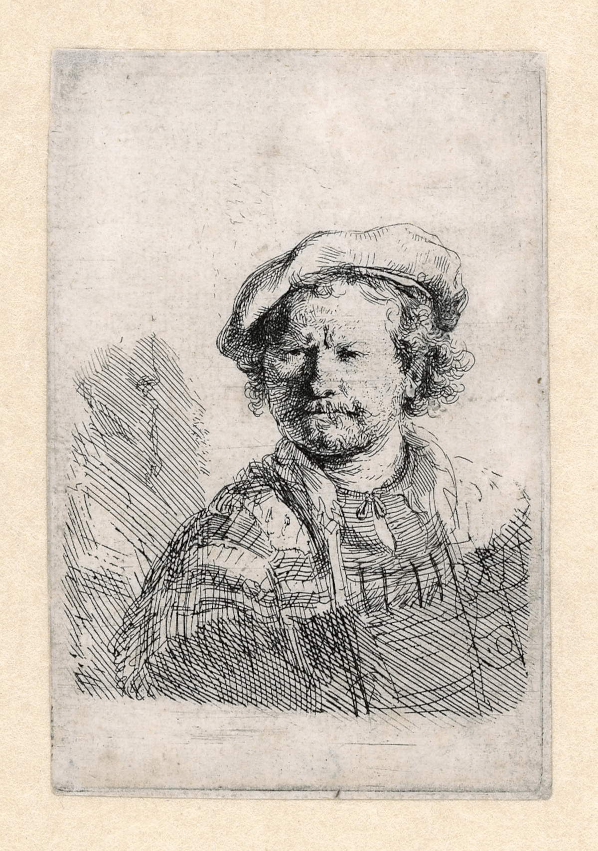 Rembrandt van Rijn, Autorretrato con gorro (c. 1642; aguafuerte, 9,4 x 6,2 cm; Amsterdam, Rembrandthuis)