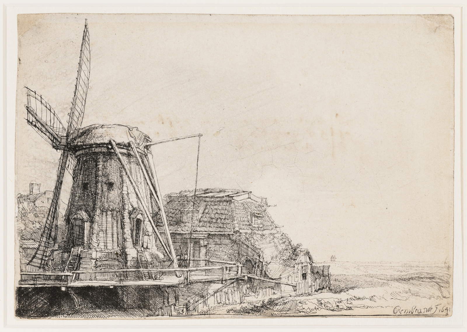 Rembrandt van Rijn, El molino de viento (1641; aguafuerte y punta seca, 14,5 x 20,8 cm; Amsterdam, Rembrandthuis)