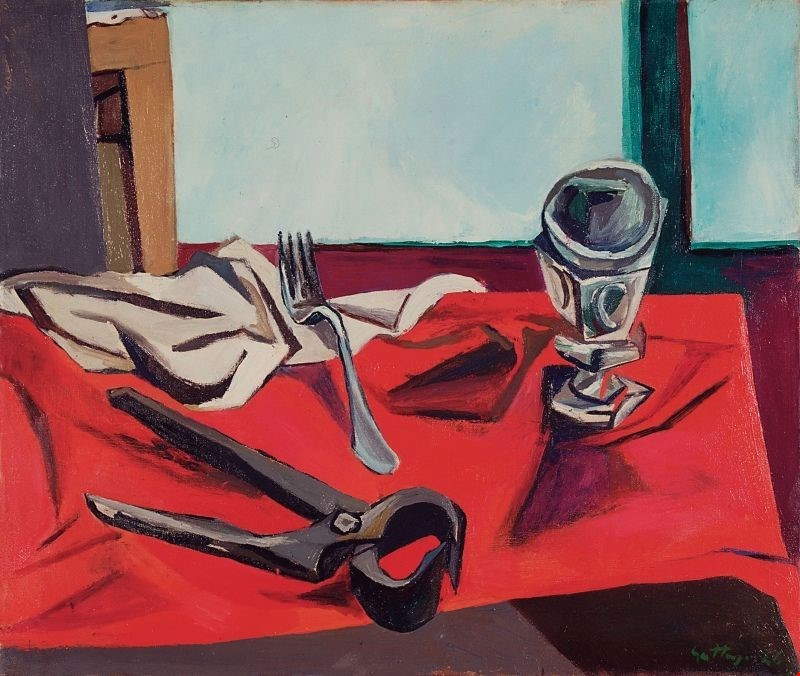 Renato Guttuso, Fourchette, verre et pince (1946 ; huile sur toile, 54,5 x 65 cm) Renato Guttuso, Fourchette, verre et pince (1946 ; huile sur toile, 54,5 x 65 cm)